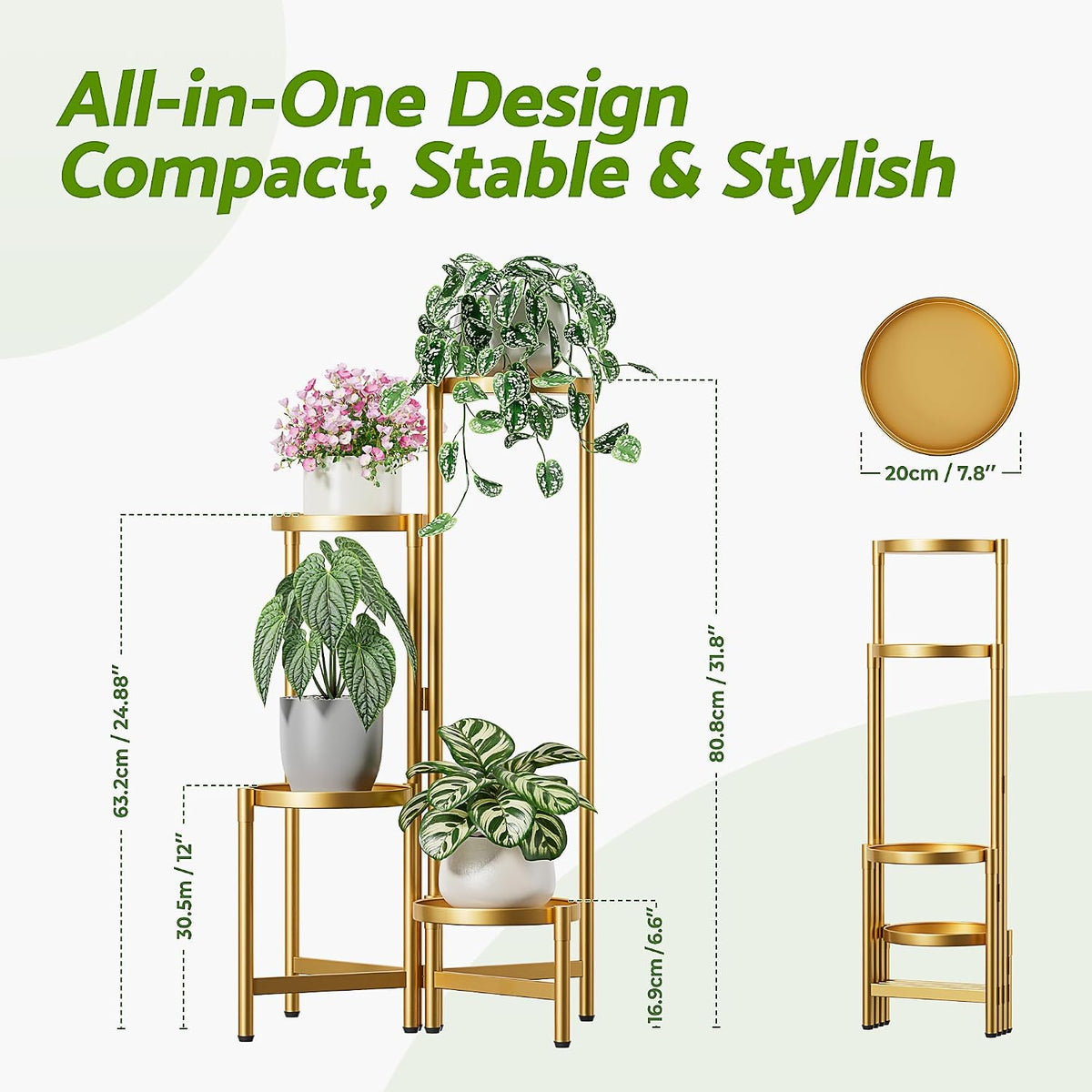 Gold Plant Stand, 4 Tiered Plant Stand Indoor for Multiple Large Planter, Tall Heavy Duty Adjustable Folding Rack with