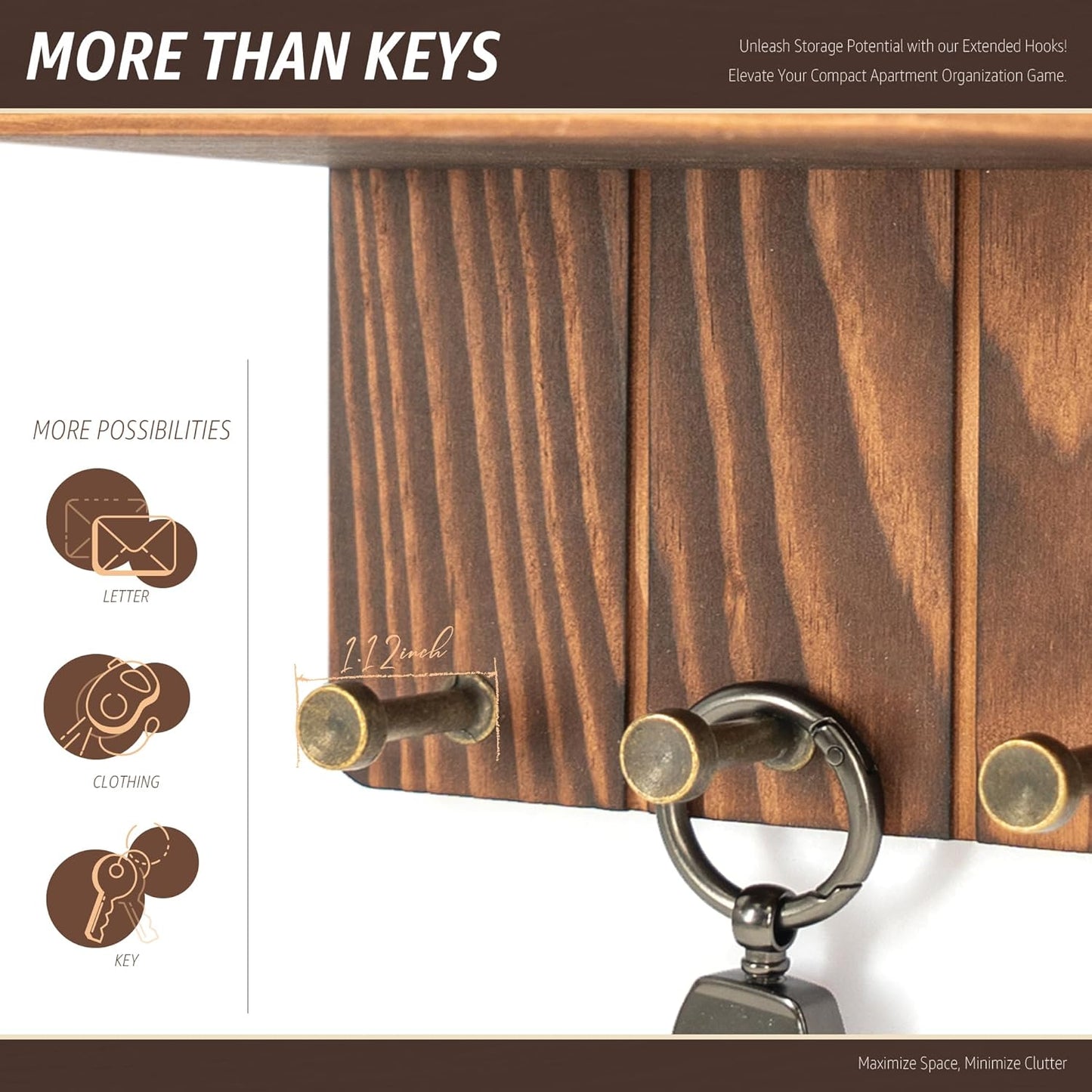 4 Hooks & Floating Shelf / Retro Brown / Small - 8 Inch