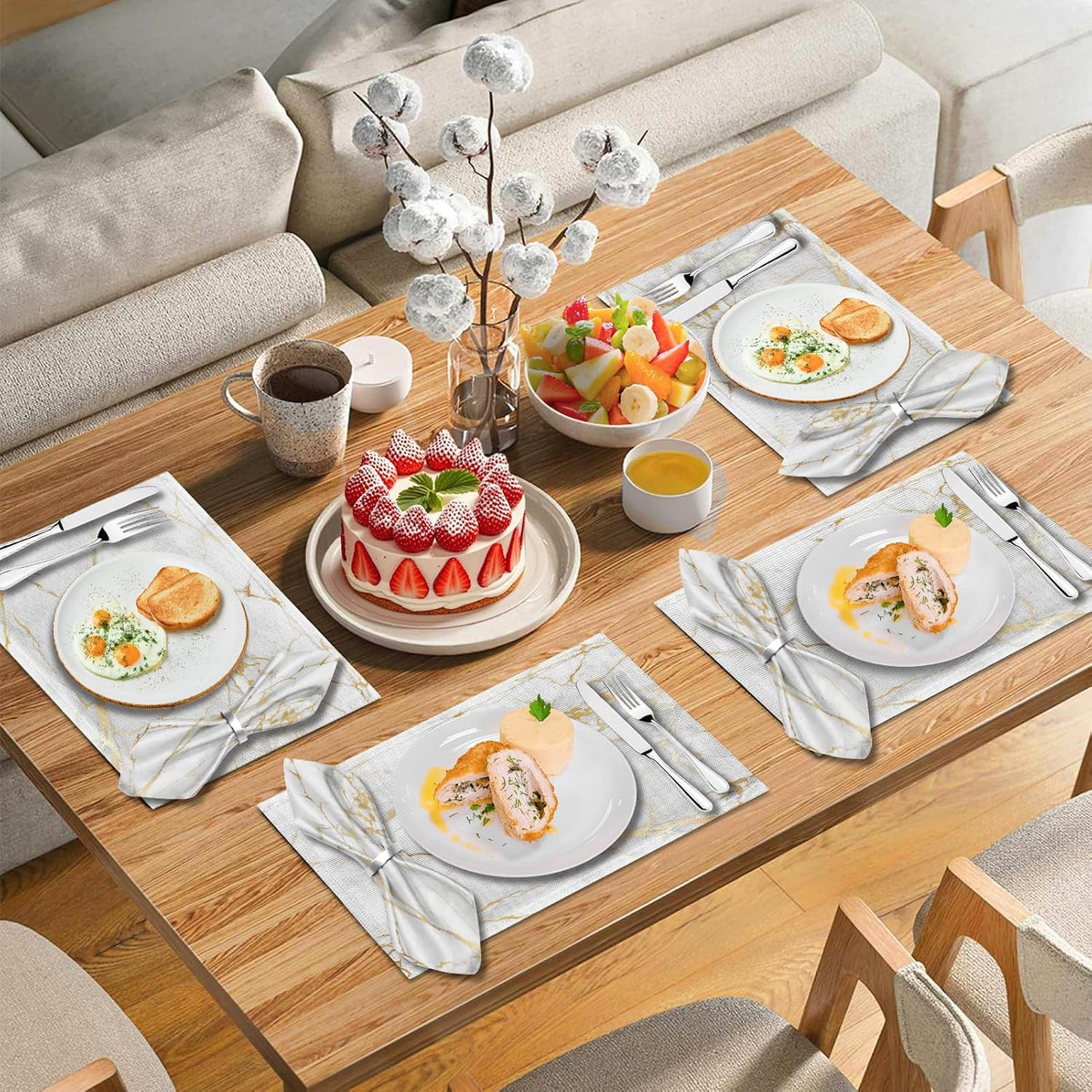 Mcalk 4 Each White Marble Placemats and Cloth Napkins Set of 8, Modern Art Placemat, Marble Print Cloth Napkin for Home