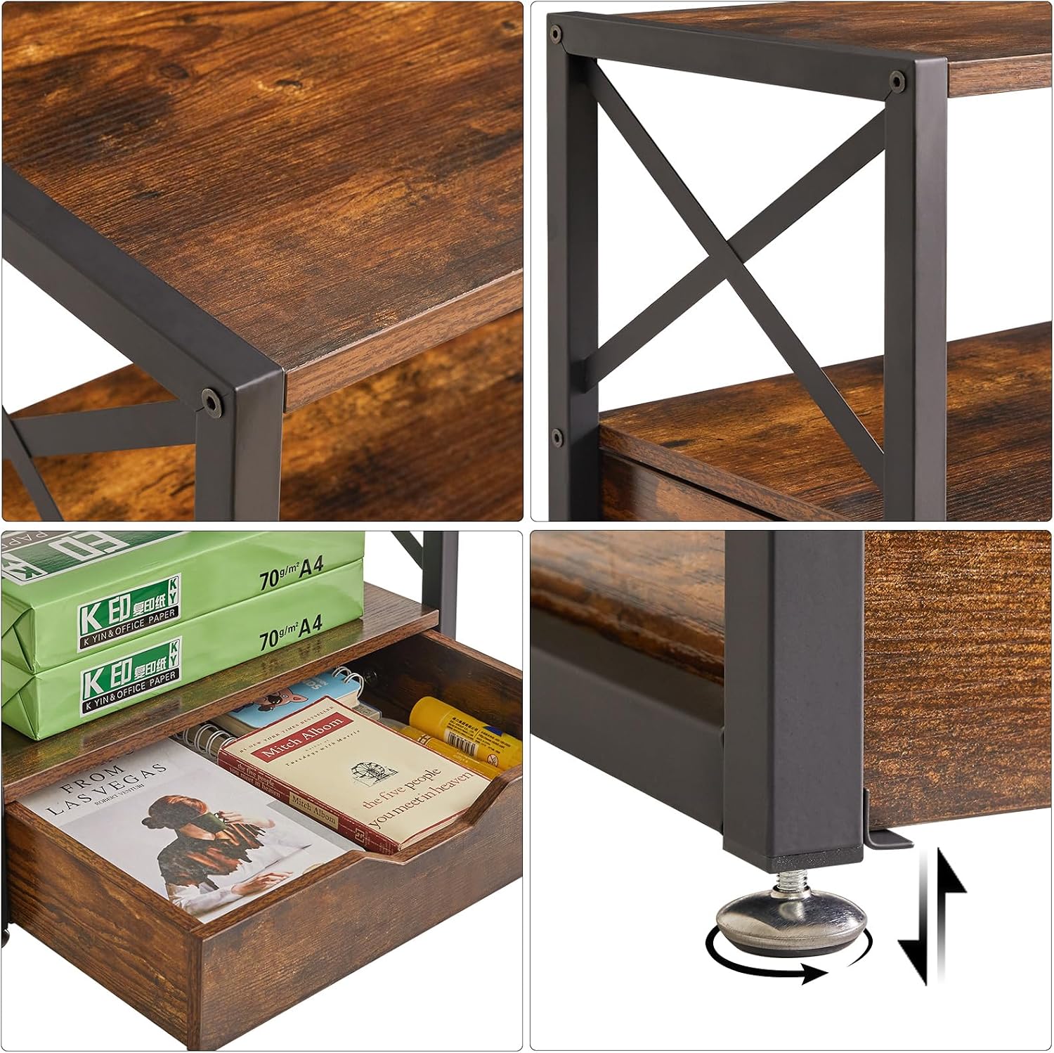 IBUYKE 2 Tier Desktop Printer Stand with Drawer Storage TLJ006H | Multi-Purpose Desk Organizer,Wooden Printer Stand for