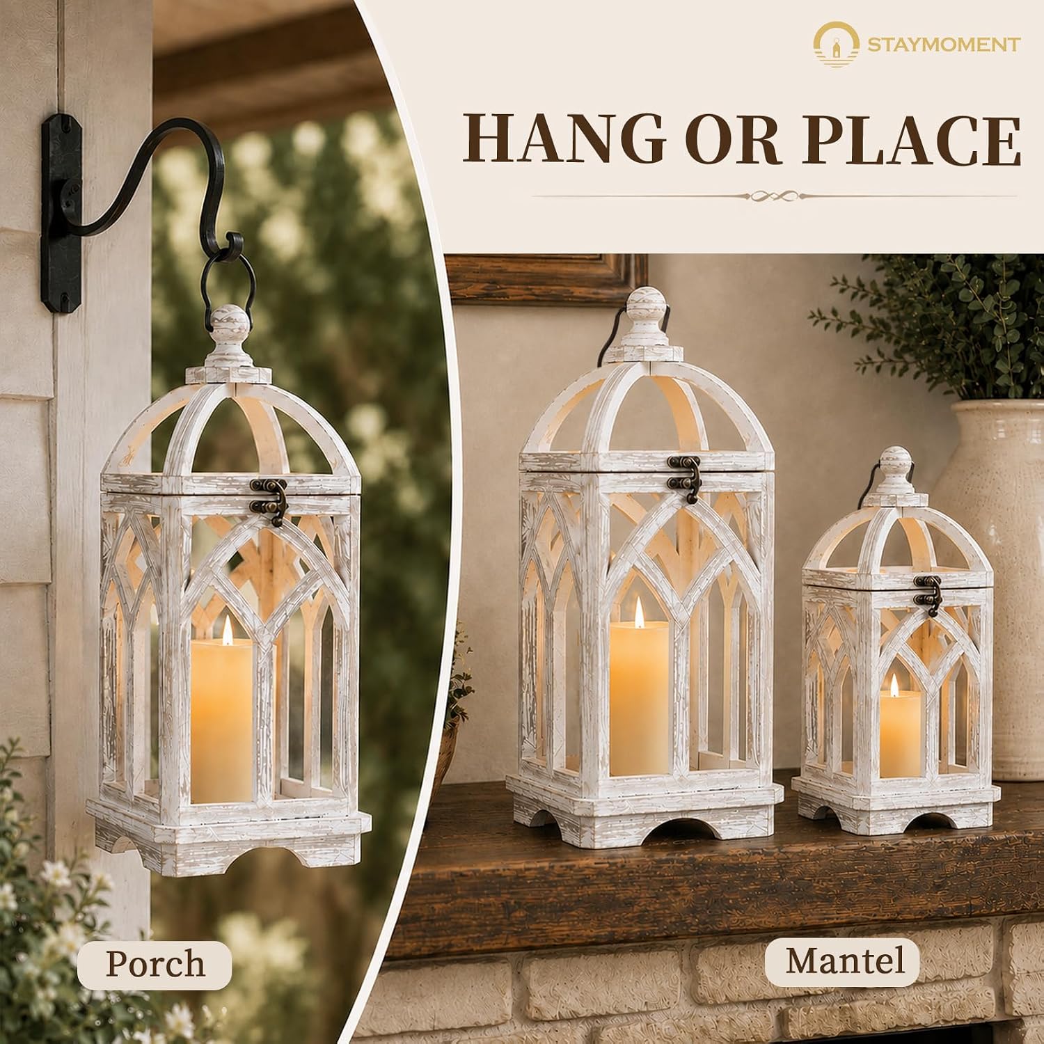 Farmhouse Lantern Decorative Indoor, White Wood Candle Holder | Wash White Hanging Lanterns, 15" & 11" Set of 2, Fall