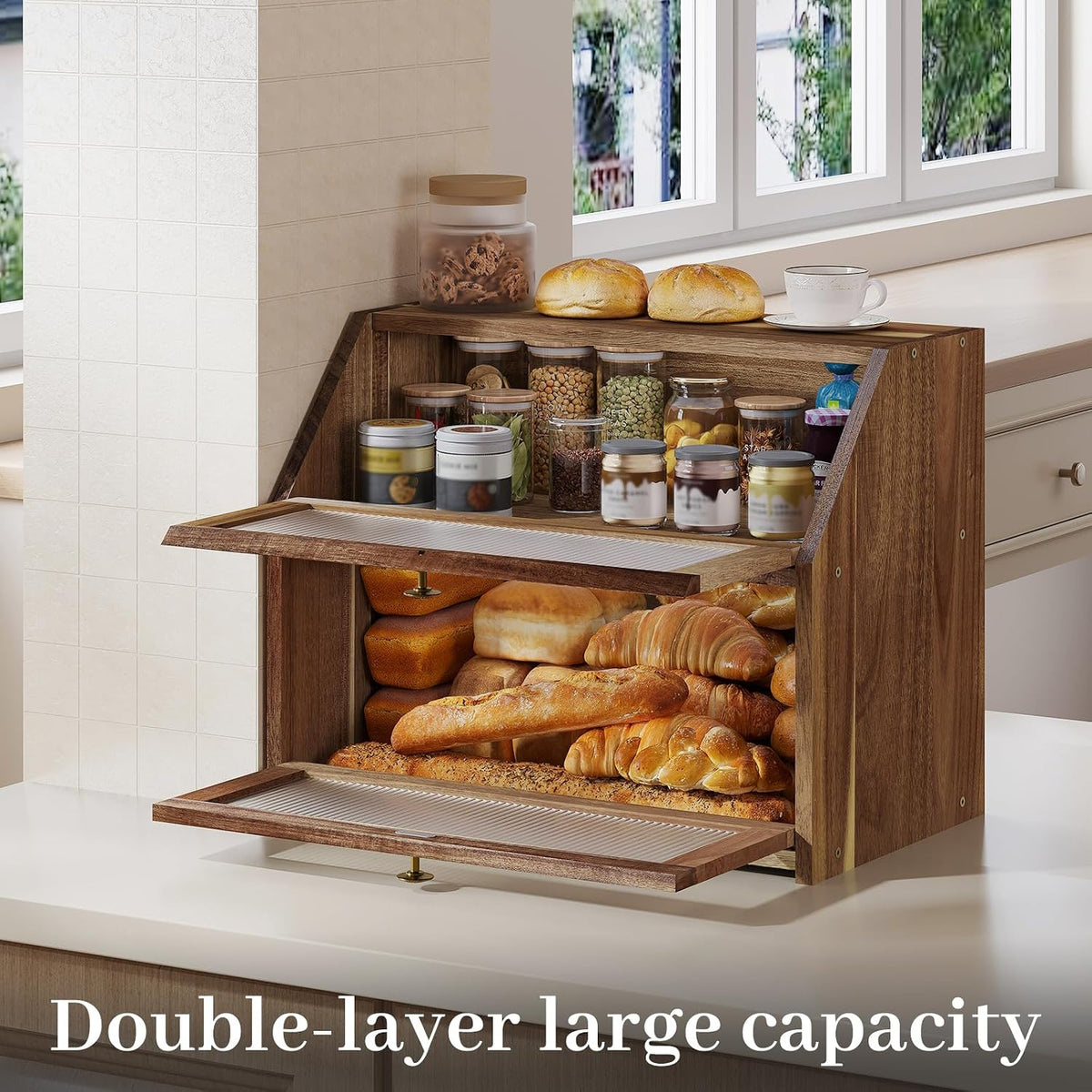 Kitsanery Bread Box for Kitchen Countertop, Acacia Wood Bread Storage Container, 2 Layer Large bread holder, Pantry