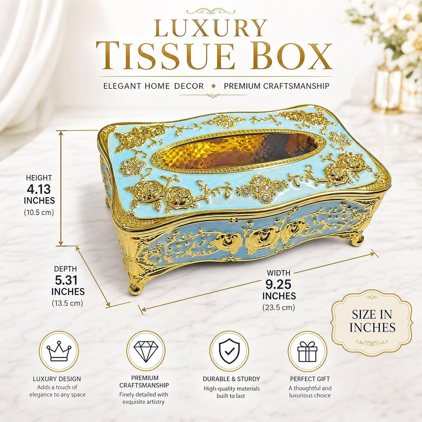 European-Style Vintage Tissue Box Cover / Gold&blue
