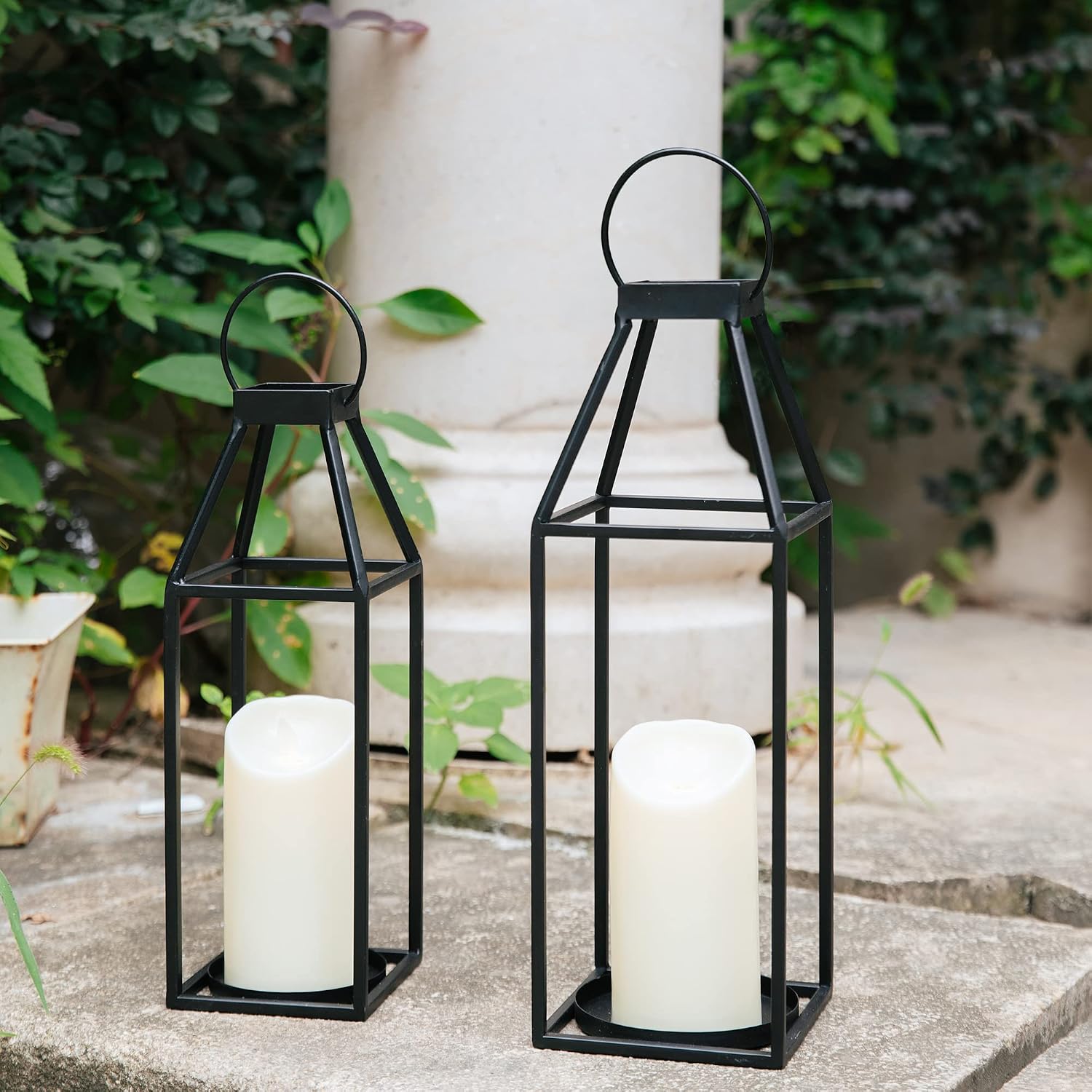 HPC Decor Black Metal Candle Lanterns Set of 2- Lanterns Decorative with Flickering Timer Candles- 17.4'' & 15'' Rustic
