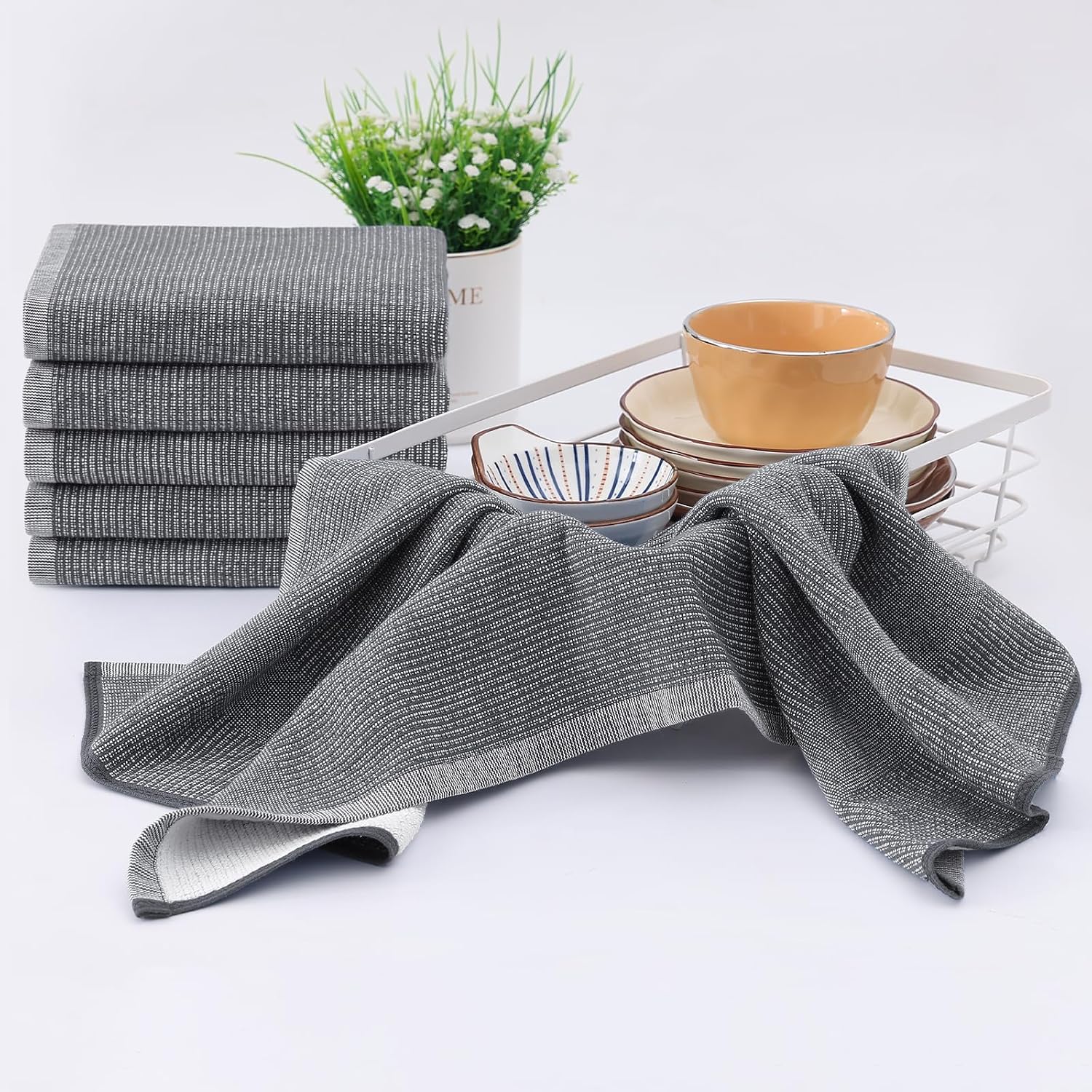 Homaxy 380 GSM Cotton Premium Kitchen Towels 8 Pack, 18"x 28", Grey | Flat and Terry Dish Towels, Highly Absorbent Tea