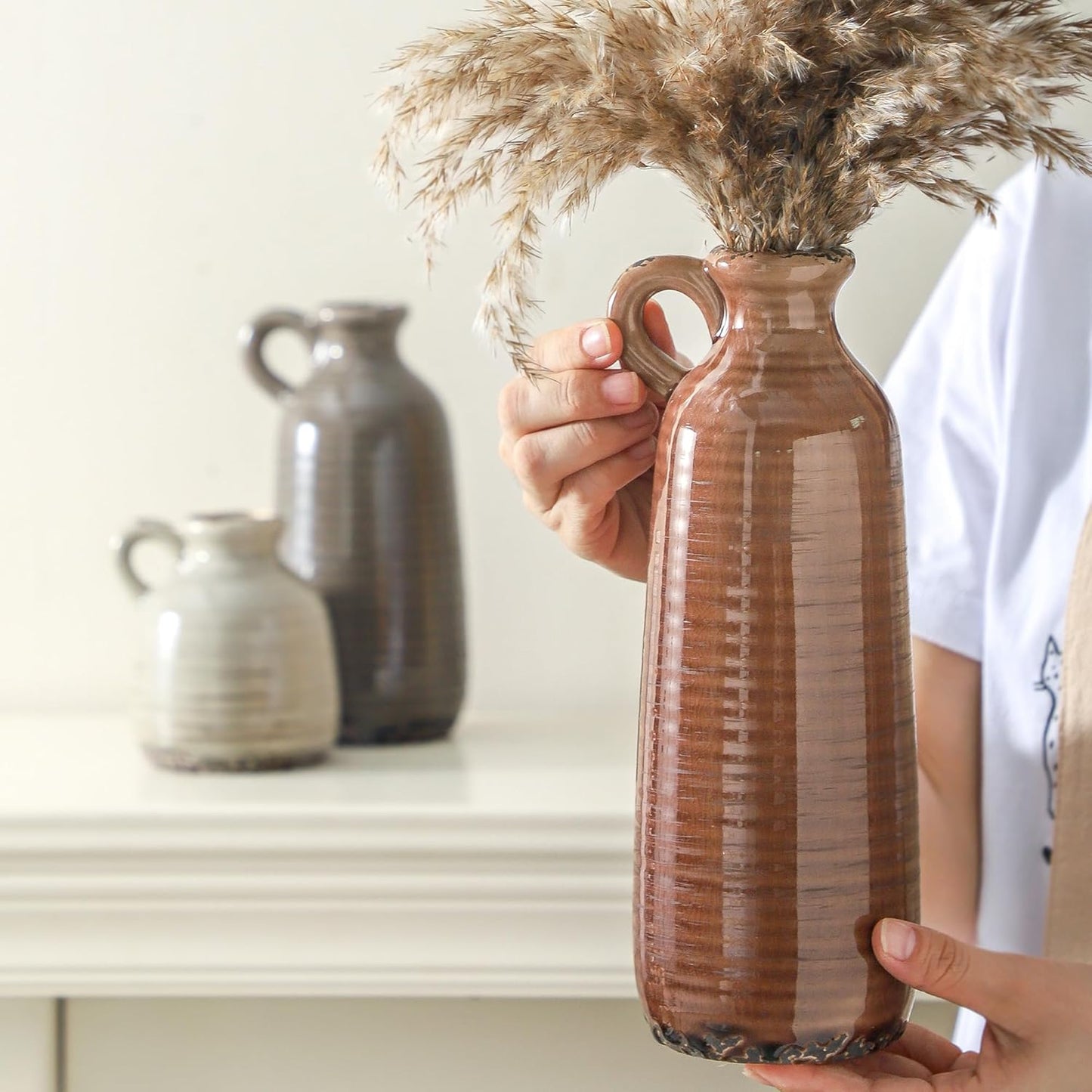 Ceramic Vases / Neutral Rustic Farmhouse Vase / 010 Vase Set with Handle - Brown / Set of 3
