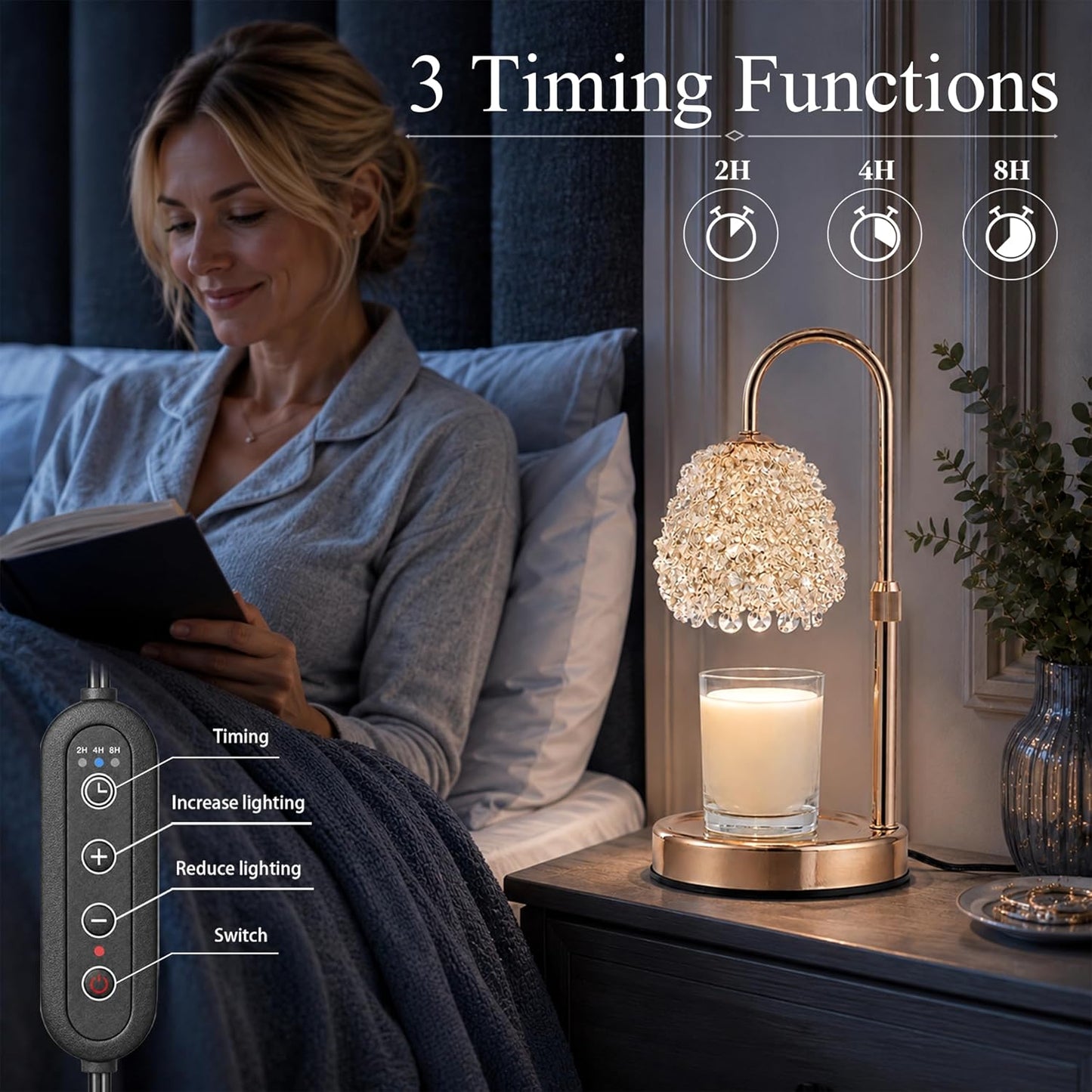 Crystal Candle Warmer Lamp with Timer, Adjustable Height, Dimmable | Hand-Embedded Glass Crystal Lampshade, Electric