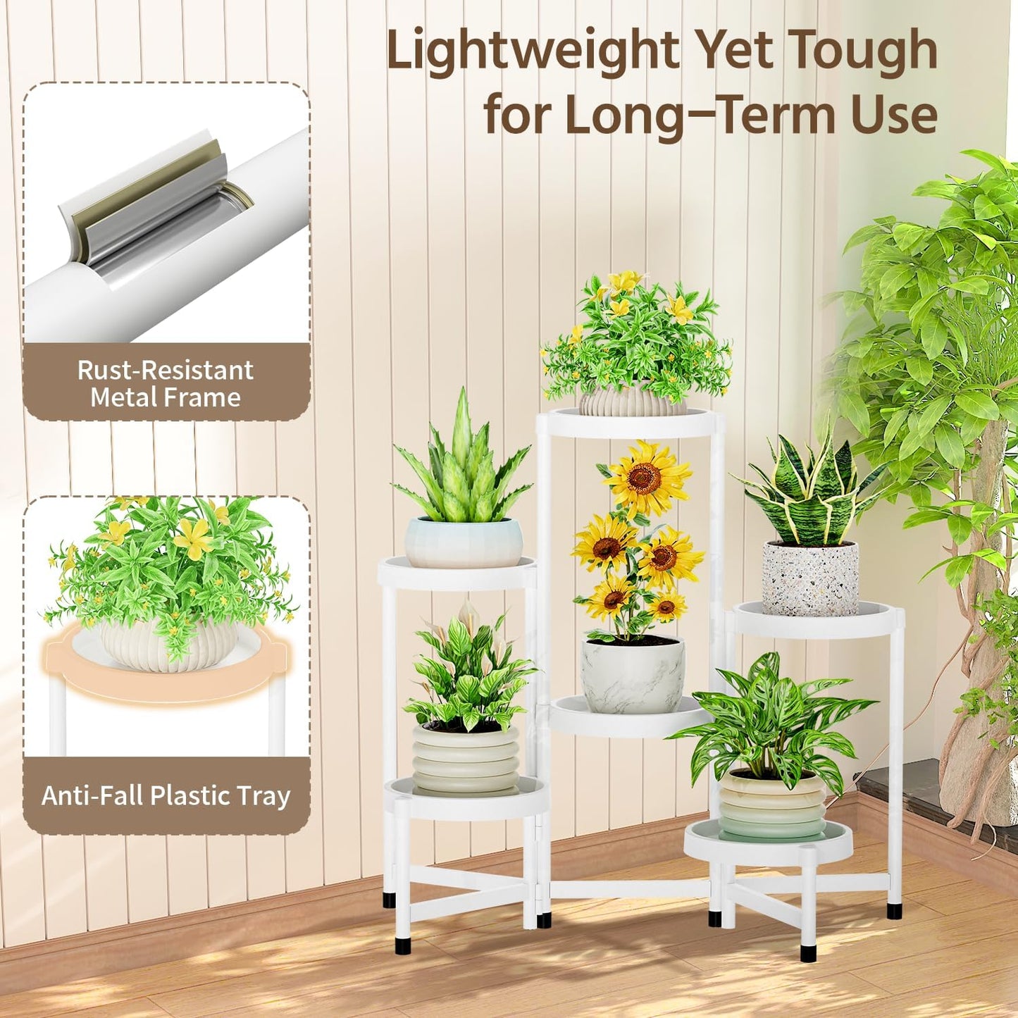 LASZOLA Plant Stand Indoor Outdoor Tall with Plastic Tray, 6 Tiers White | Corner Folding Flower Display Rack, Modern
