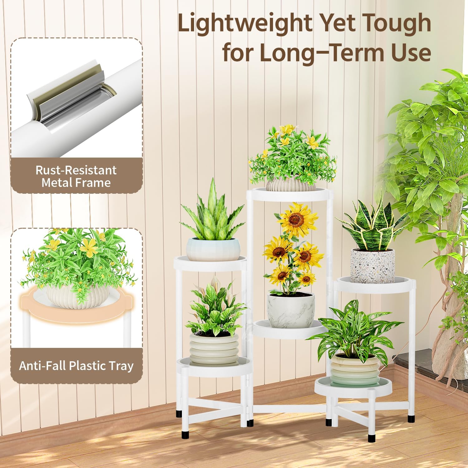 LASZOLA Plant Stand Indoor Outdoor Tall with Plastic Tray, 6 Tiers White | Corner Folding Flower Display Rack, Modern