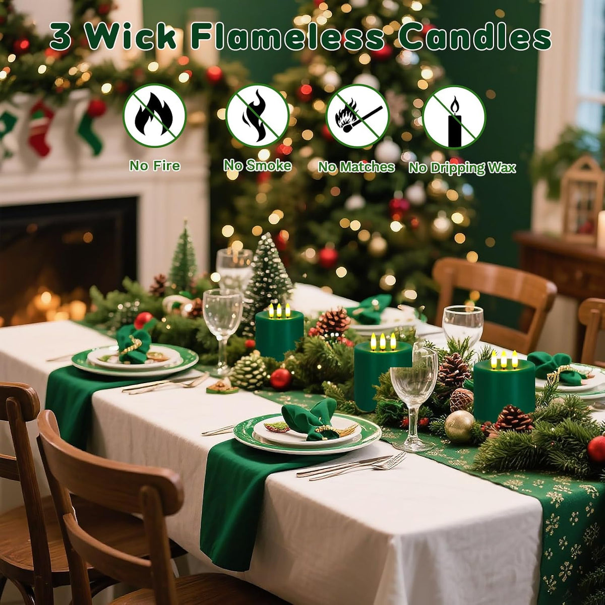 Large 3 Wick Flameless Candles Set of 2, 4"x4" Flickering LED Candles with Remote & Timer, Dimmable Real Wax Pillar