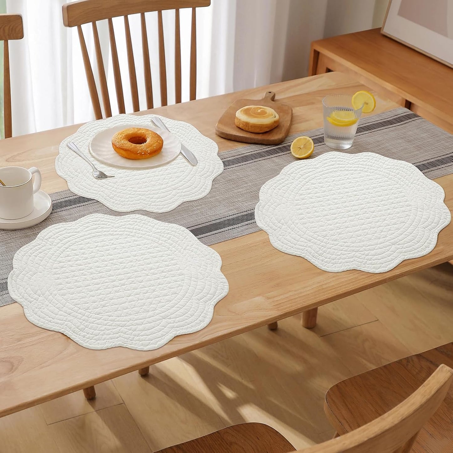 HOMBYS Quilted Placemats Set of 6 Washable Round Placemats for Kitchen Table-100% Cotton Fabric 14 Inch Round Table