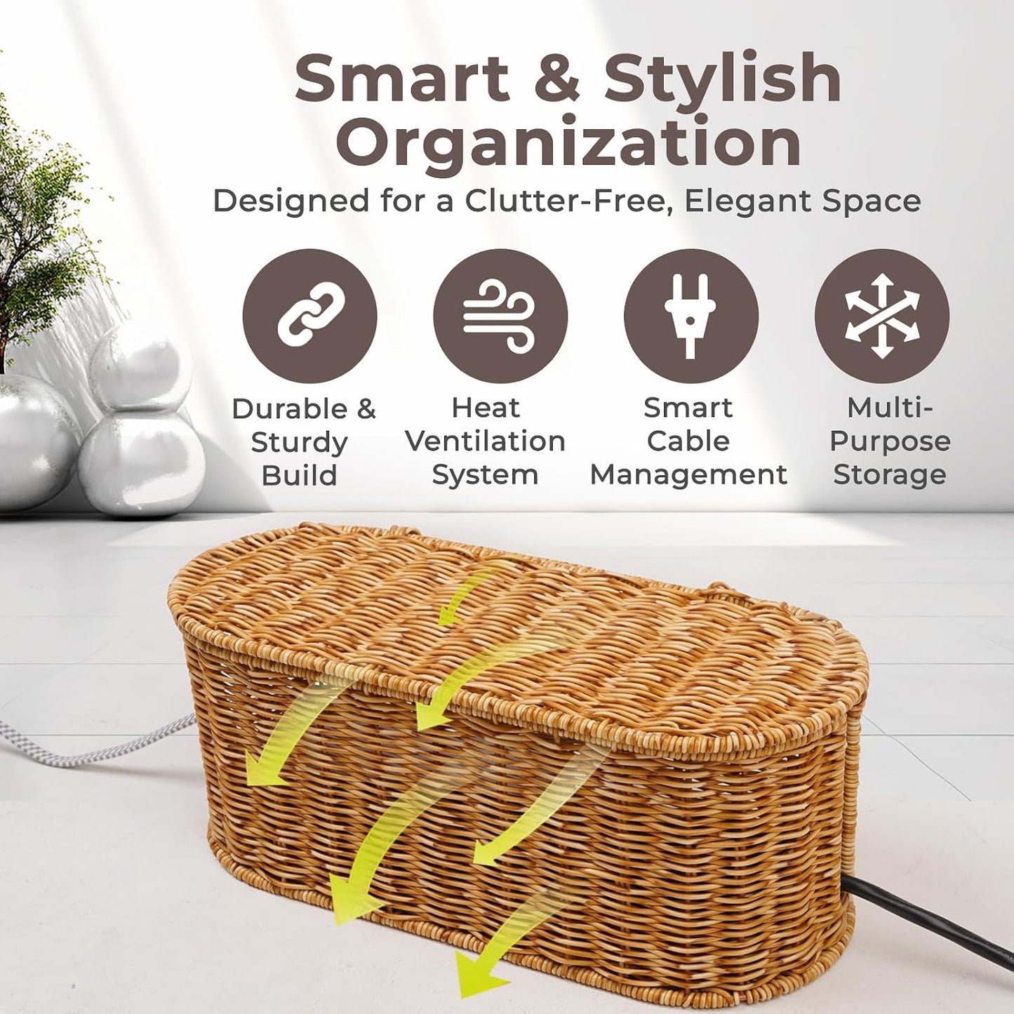 Handmade Rattan Cable Organizer / Natural / Oval