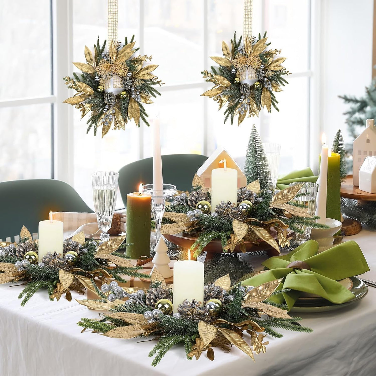 6 Pcs Christmas Candle Rings Wreaths Artificial Pine Wreaths with Christmas Balls Golden Twigs and Silver Berries