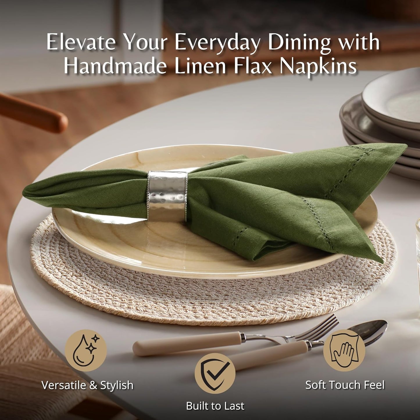 Ramanta Home Olive Green Cloth Dinner Napkin Set of 12-18x18 Inches | Cotton Linen Flax Hemstitched Napkins Washable