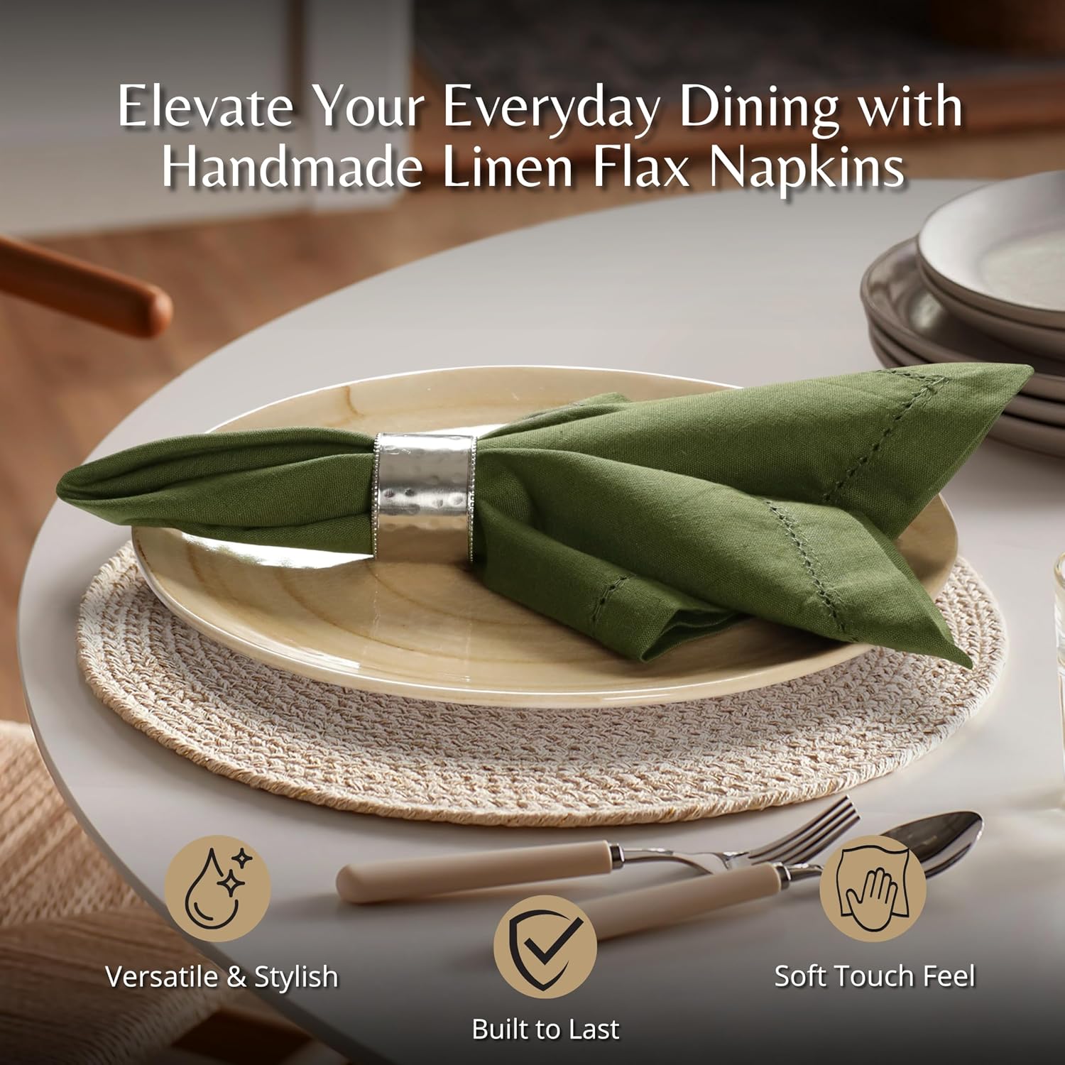 Ramanta Home Olive Green Cloth Dinner Napkin Set of 12-18x18 Inches | Cotton Linen Flax Hemstitched Napkins Washable