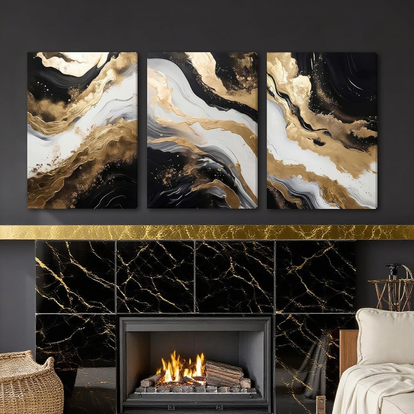 3 Piece Framed Black and White Abstract Wall Art / 24"L x 16"W / Black and Gold
