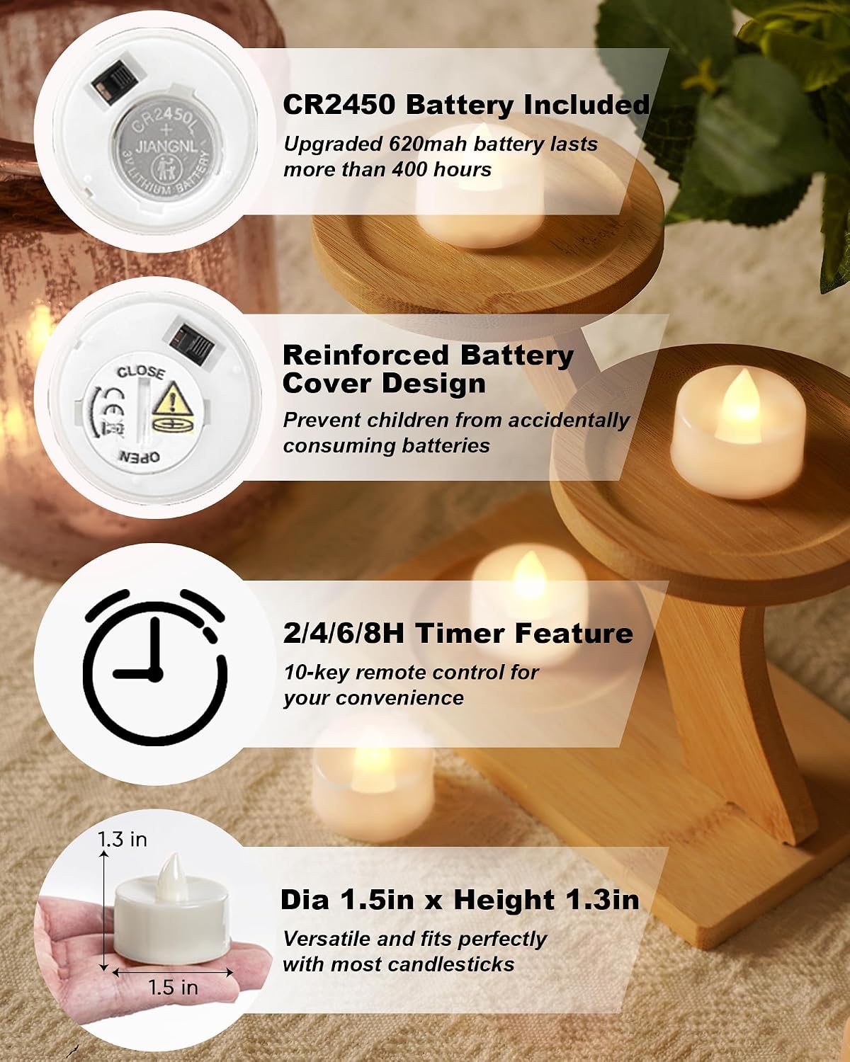 BEICHI 24Pcs Flameless LED Tea Lights with Remote & Timer,White Base,400Hrs | Flickering TeaLights Candles Battery