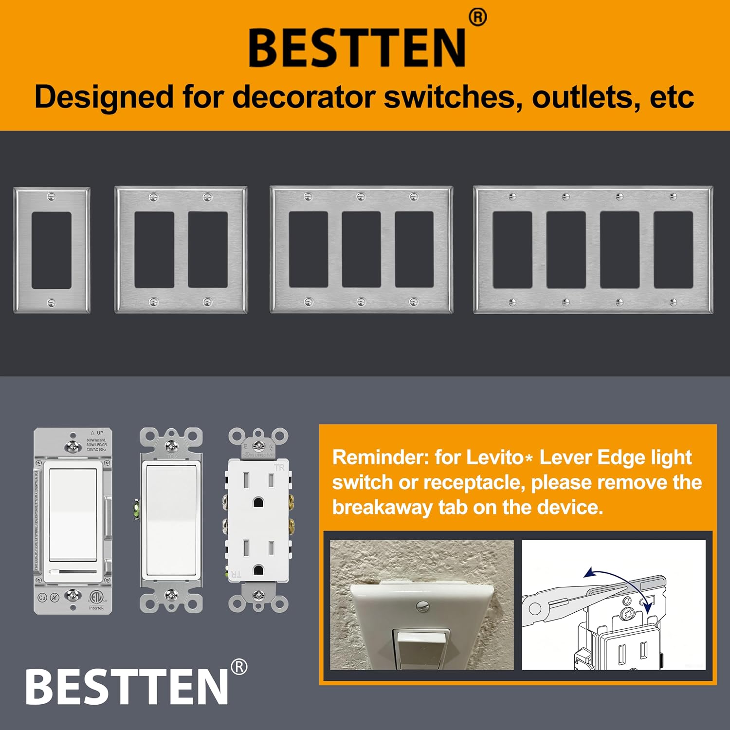 30 Pack BESTTEN Decorator Switch or Receptacle Outlet Metal Wall Plate | Standard Size, H4.53" x W2.76", Stainless