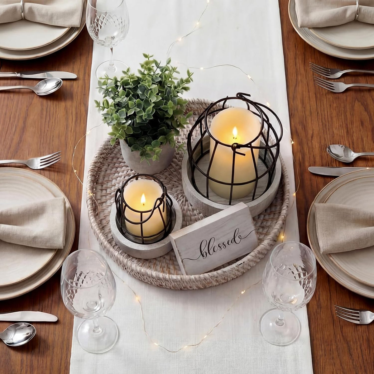 Modern Rustic Farmhouse Candle Lantern Set of 5, Small, Black, White | Decorative Lanterns Centerpieces with Tray for