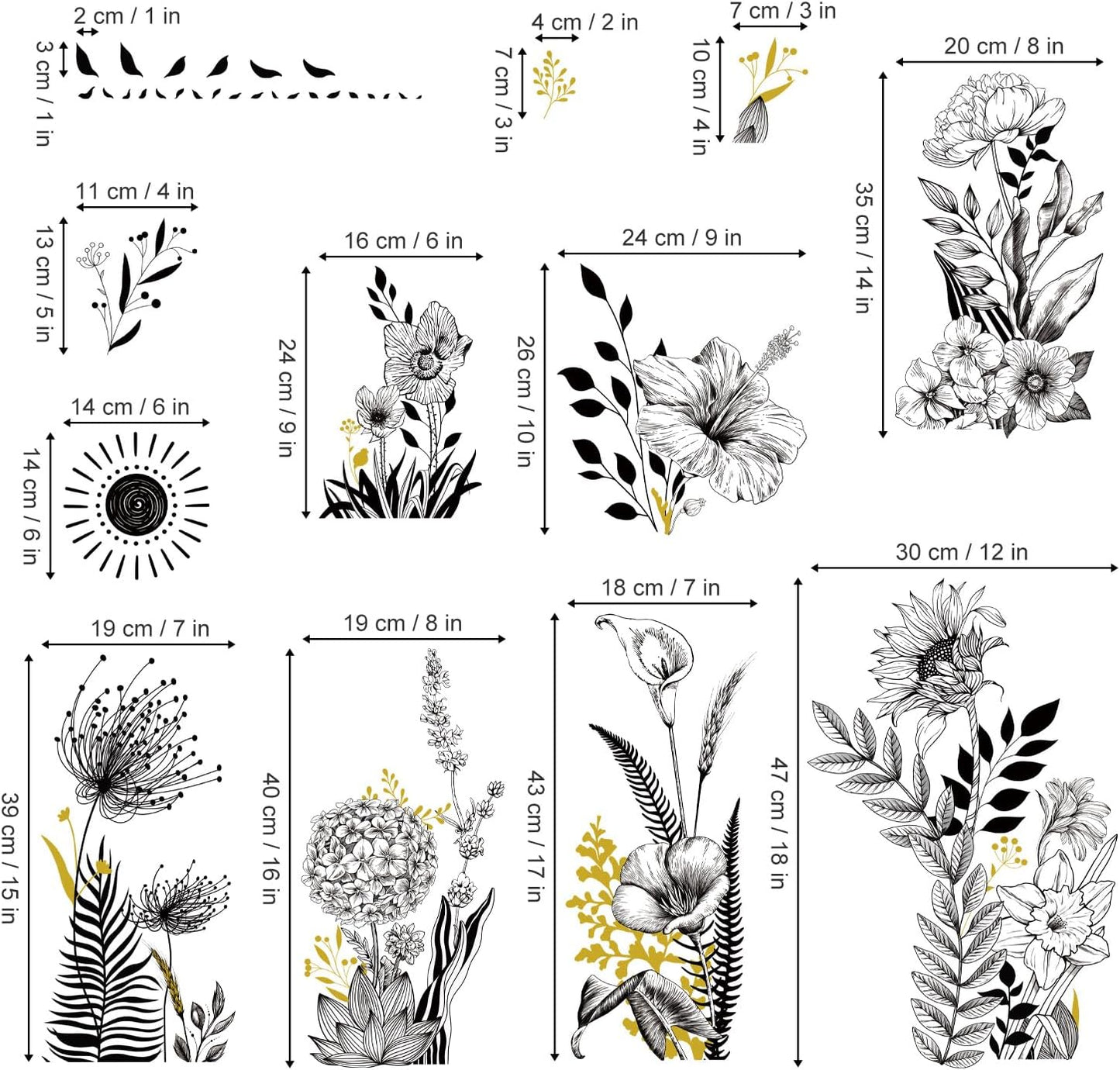 White Garden Flower Wall Stickers Wildflower Floral Sunflower Poppy Wall Art Decals / Black
