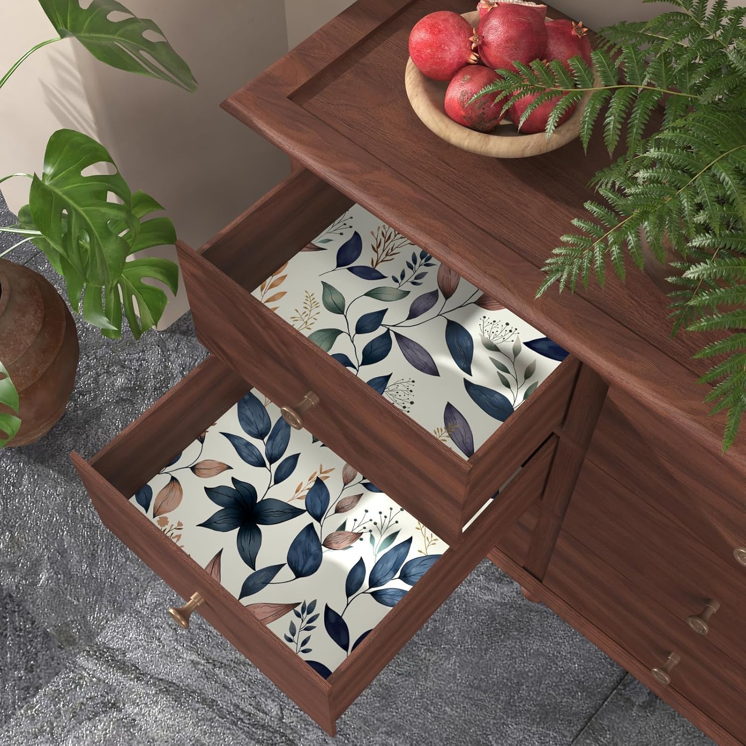 Vintage Leaves Peel and Stick Wallpaper Waterproof Contact Paper / 17.4 x 197 / Navy
