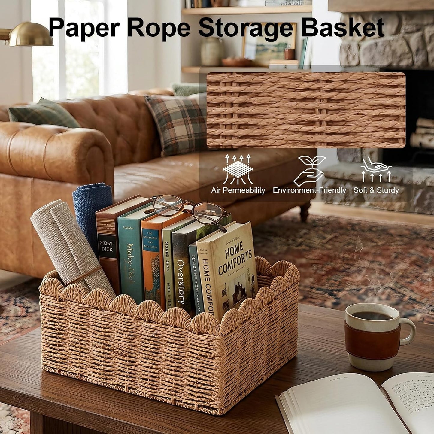 Scalloped Baskets / Wicker Storage Baskets / Brown / Set of 3