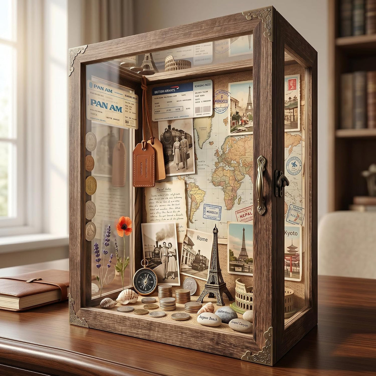 Glass Shadow Box Display Case 11x14, 6.2" Deep 5-Sided Glass Memory Box with Linen Backboard, Solid Wood Shadow Box
