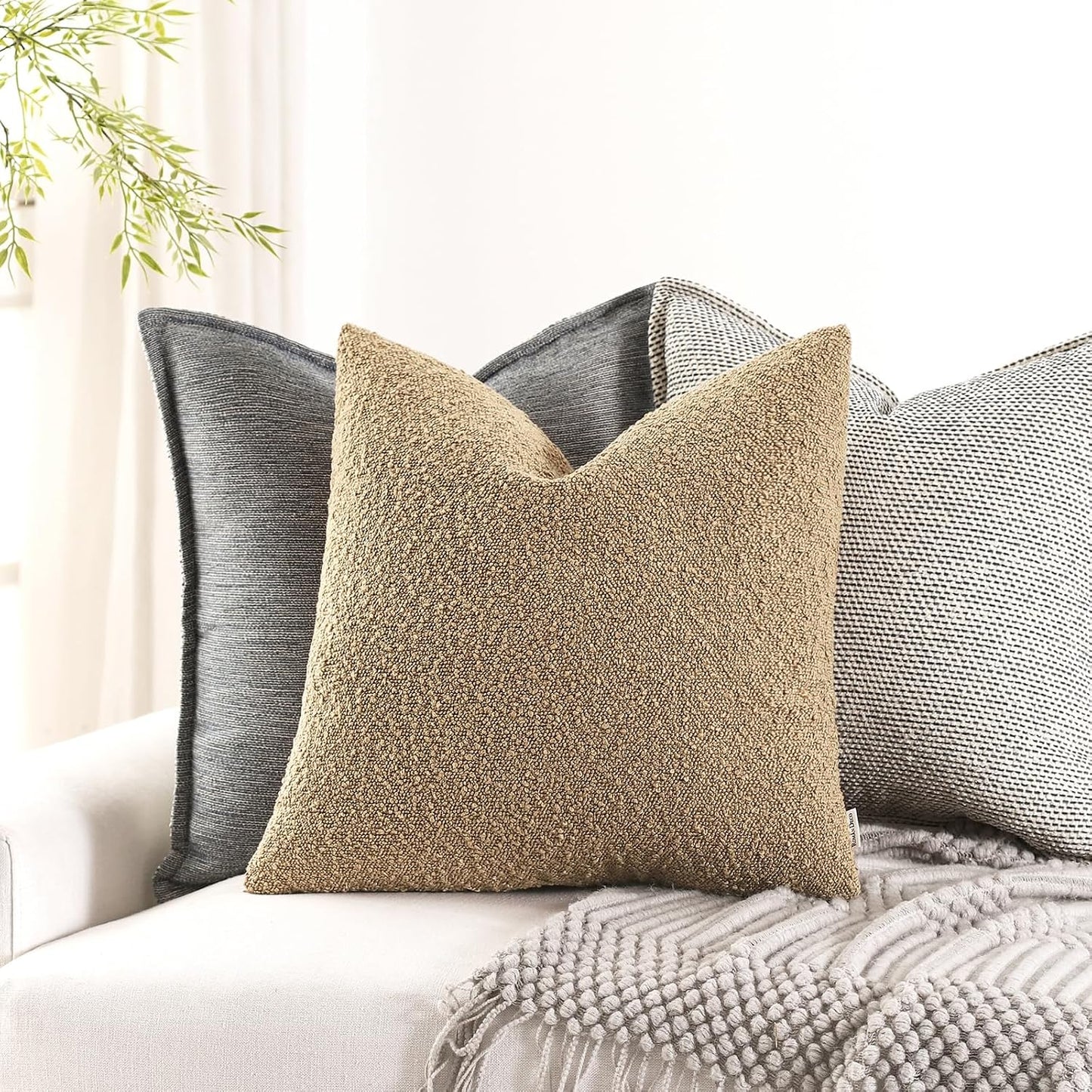 Boucle Decorative Throw Pillow Covers / Camel / 18 x 18 / Set of 2
