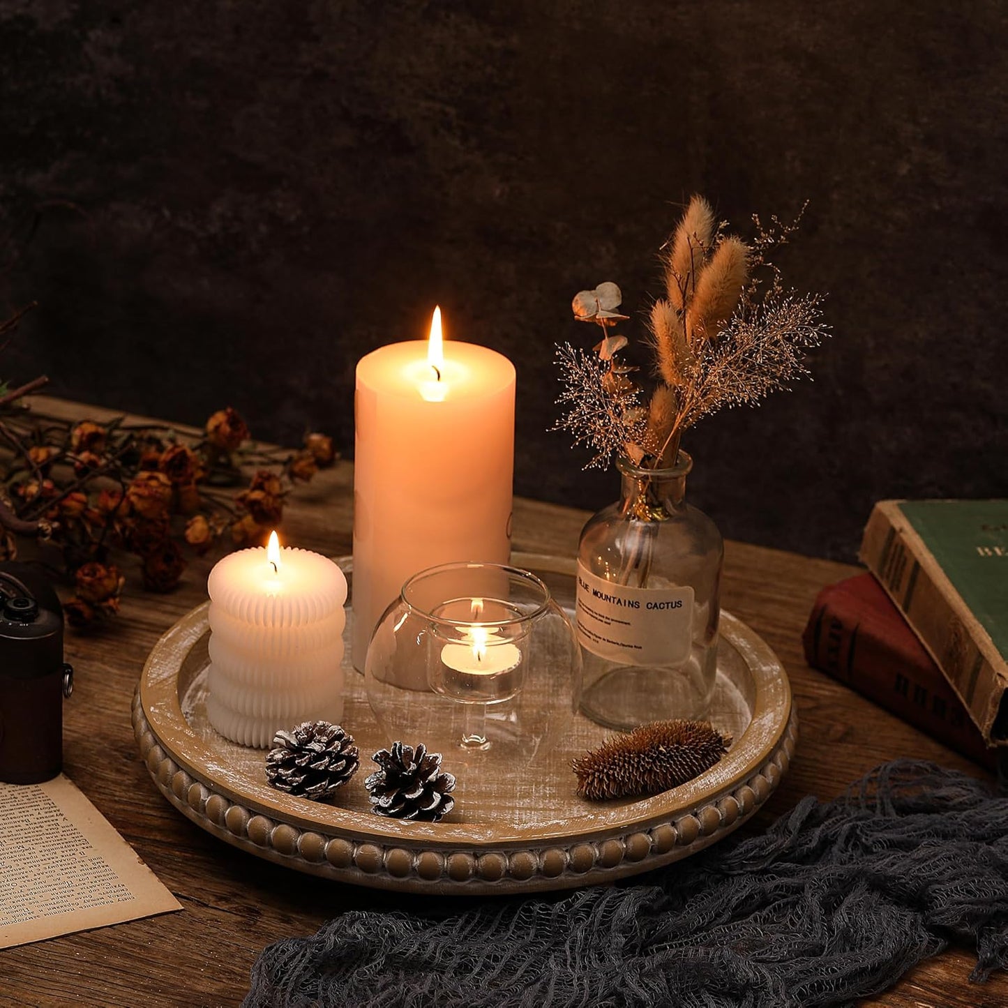 Round Wooden Tray Decor / Beige