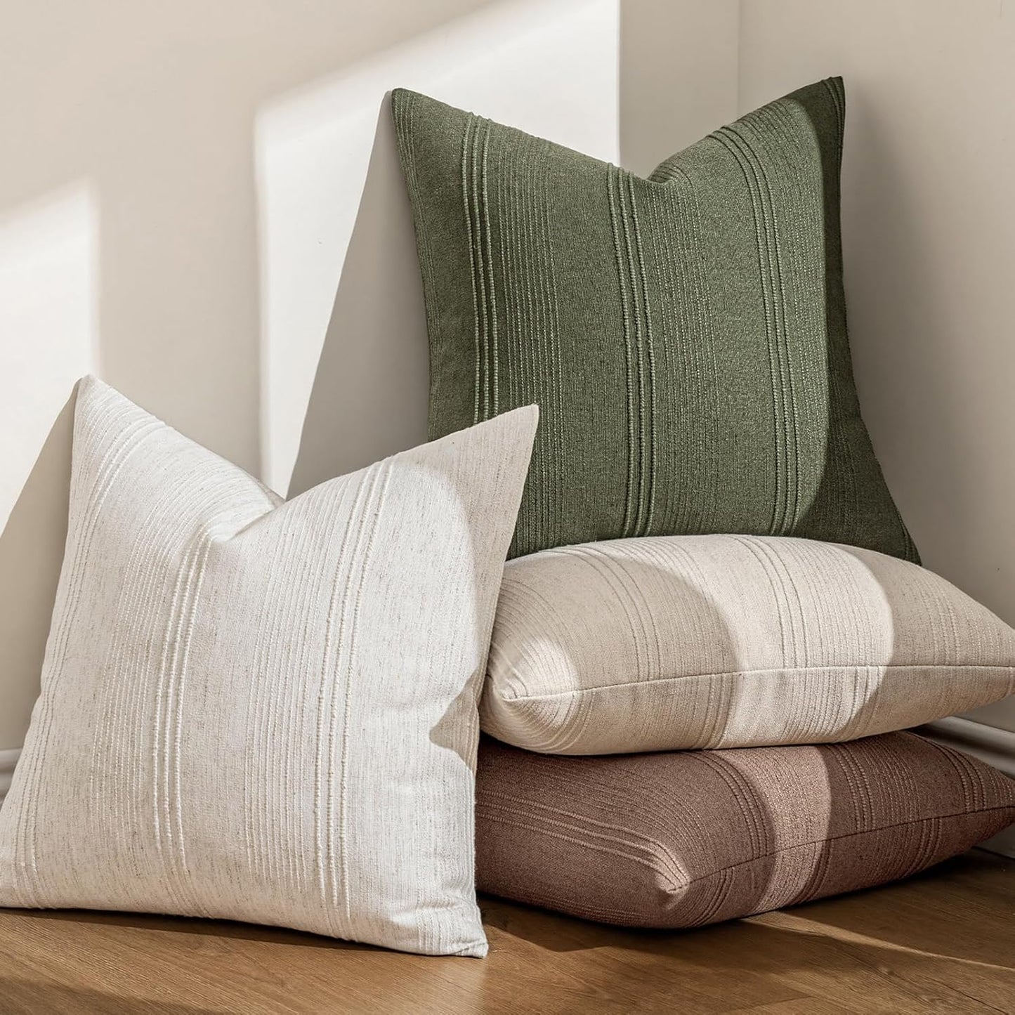 Striped Throw Pillow Covers Decorative Textured Pillow Covers / 18 x 18 / Olive Green / Set of 2