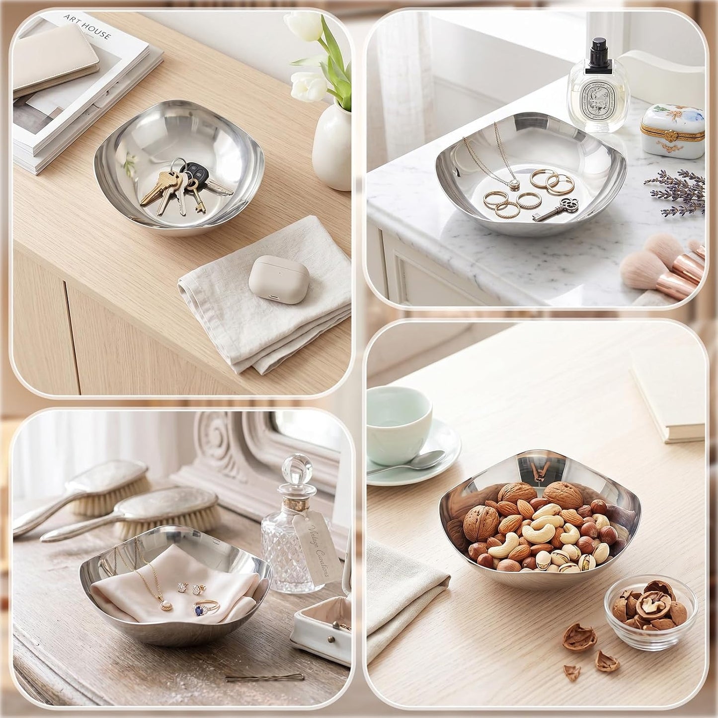 Large Candy Bowl Stainless Steel Decorative Bowl Candy Dish / 8 Inch / Silver / Set of 4