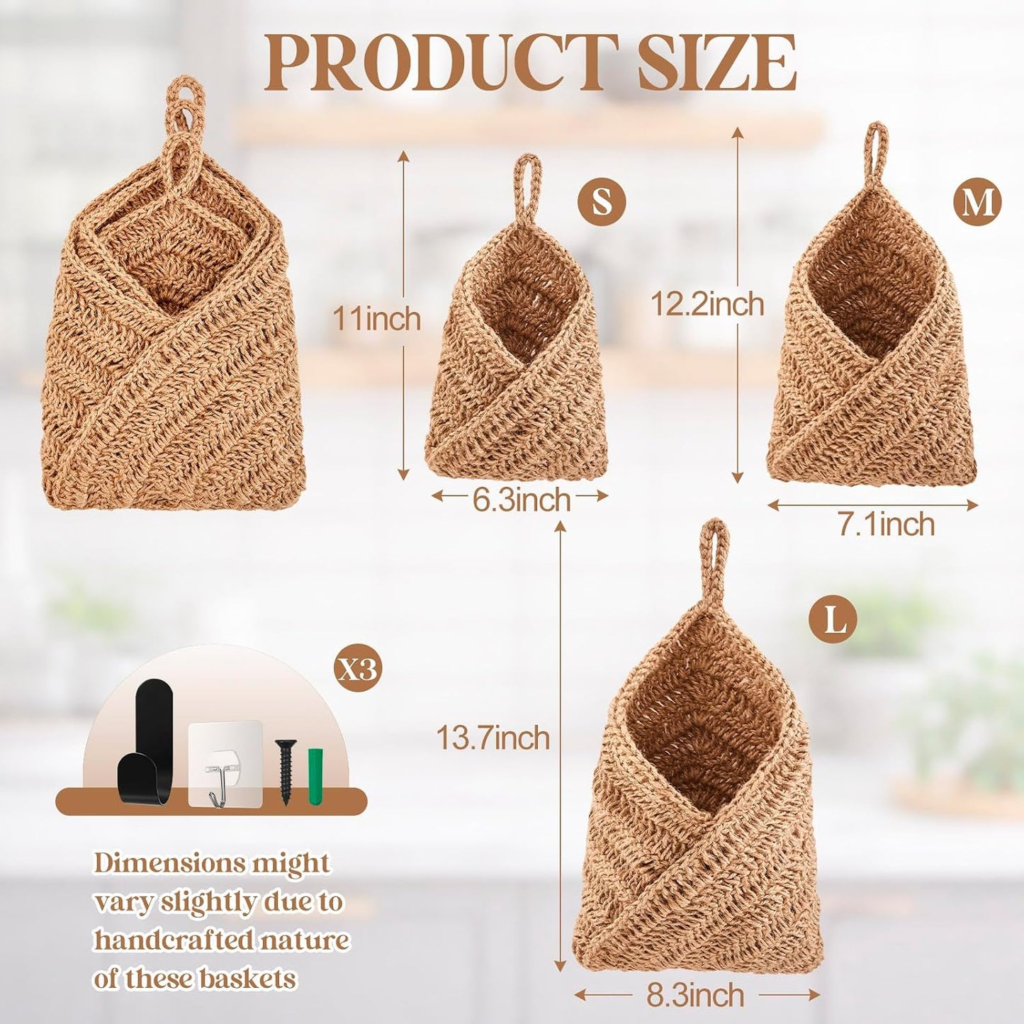 Boho Decor Hanging Wall Baskets / Linen / Jute / Triangle / Set of 3