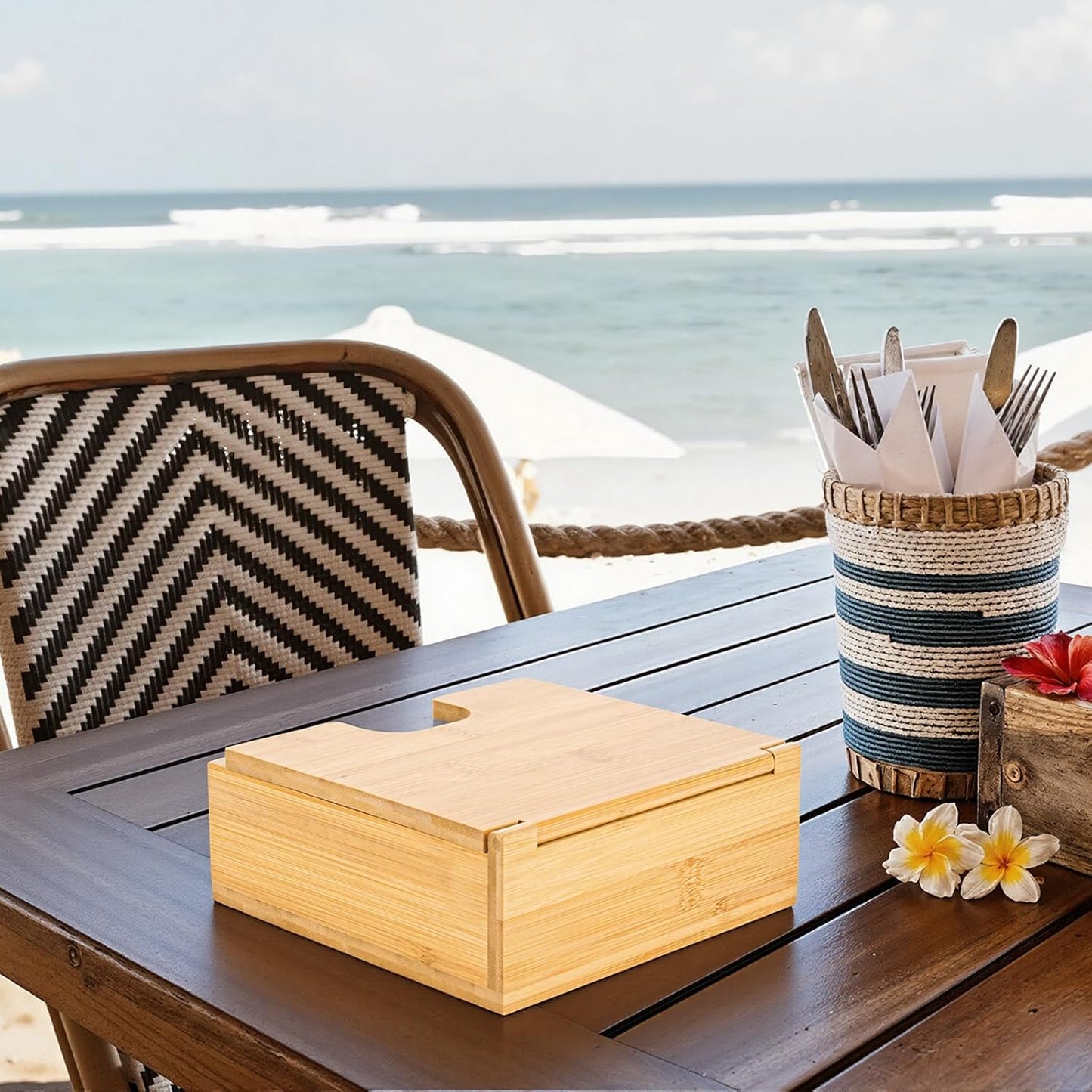 Large Modern Square Paper Napkin Holder for Dining Dinner Kitchen / Bamboo / 13 x 13