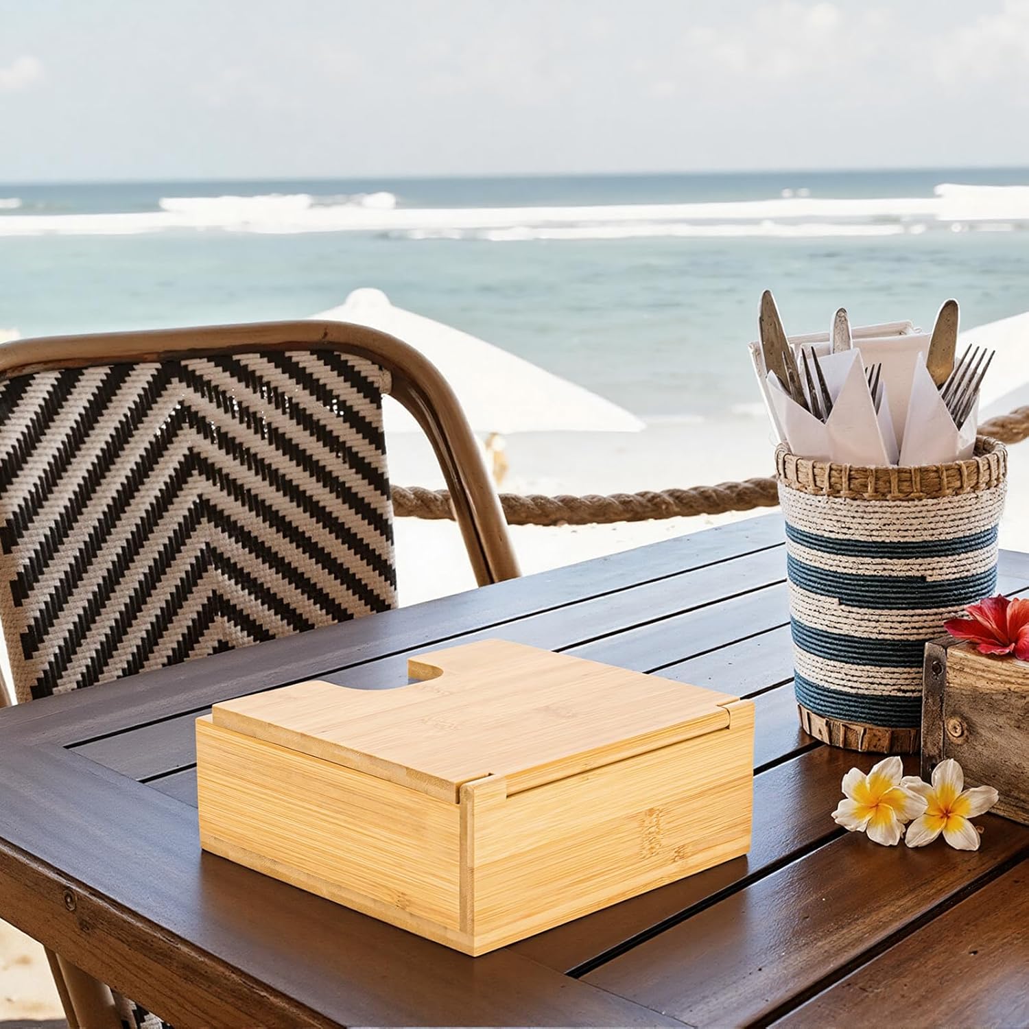 Large Modern Square Paper Napkin Holder for Dining Dinner Kitchen / Bamboo / 13 x 13