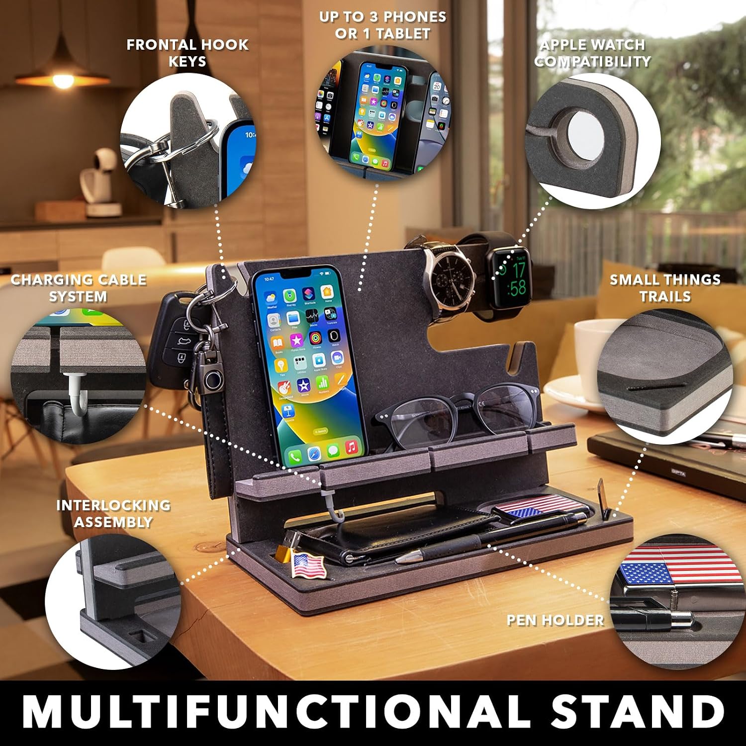 Personalized Wood Docking Station for Cell Phone, Tablet, Wallet, Gadgets, Watch, Keys, Accessories, Essentials Desk