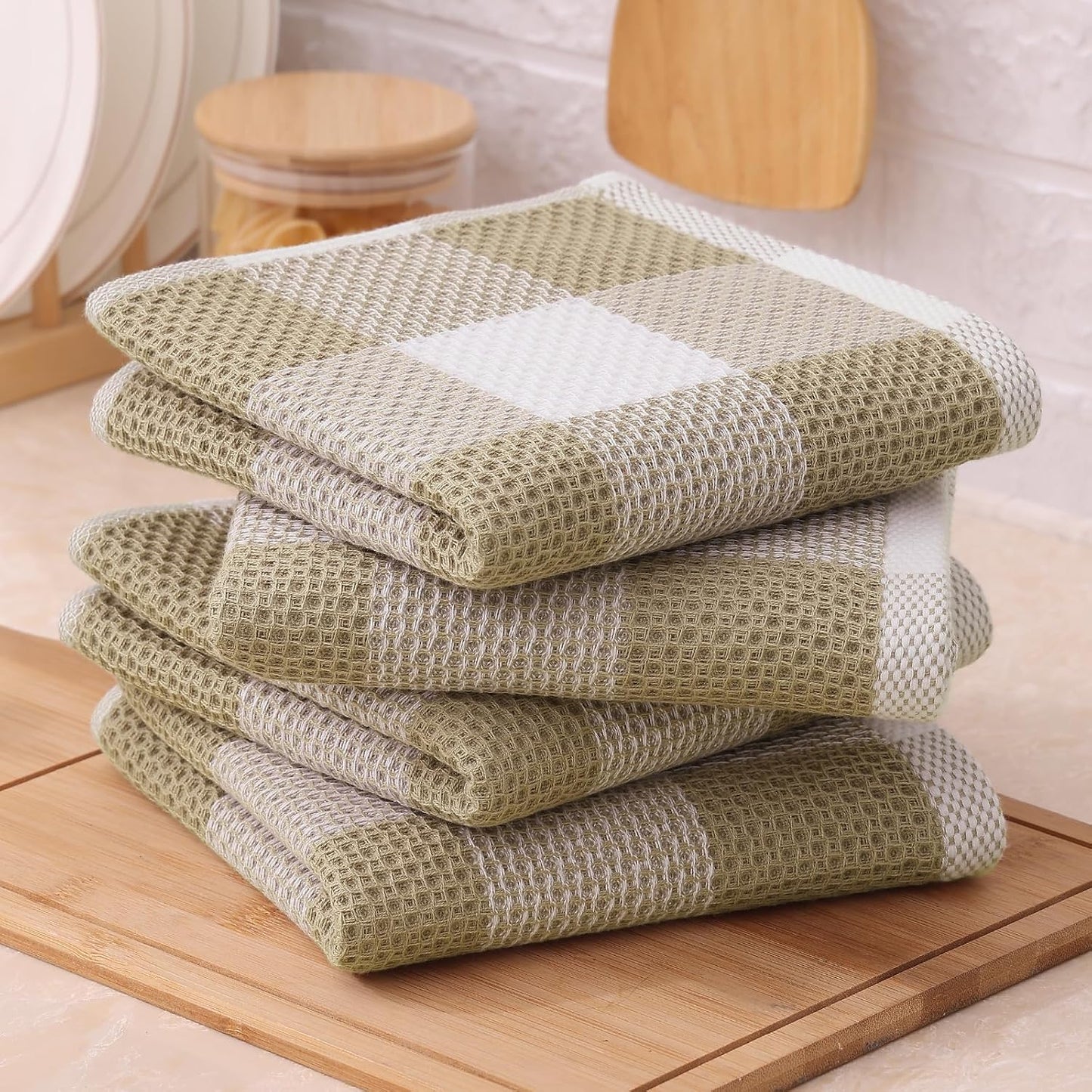 Mordimy Cotton Waffle Kitchen Towels, 13"x 28", 8 Pack, Khaki & White | Super Soft and Absorbent Buffalo Check, Durable