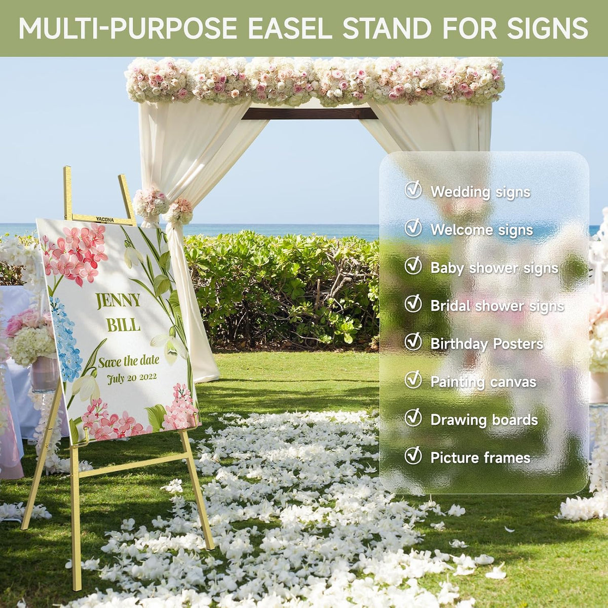 Gold Easel Stand for Sign, 47" Heavy Duty Metal Display Easel | 4-Tier Art Easel with Adjustable Chain, for Painting