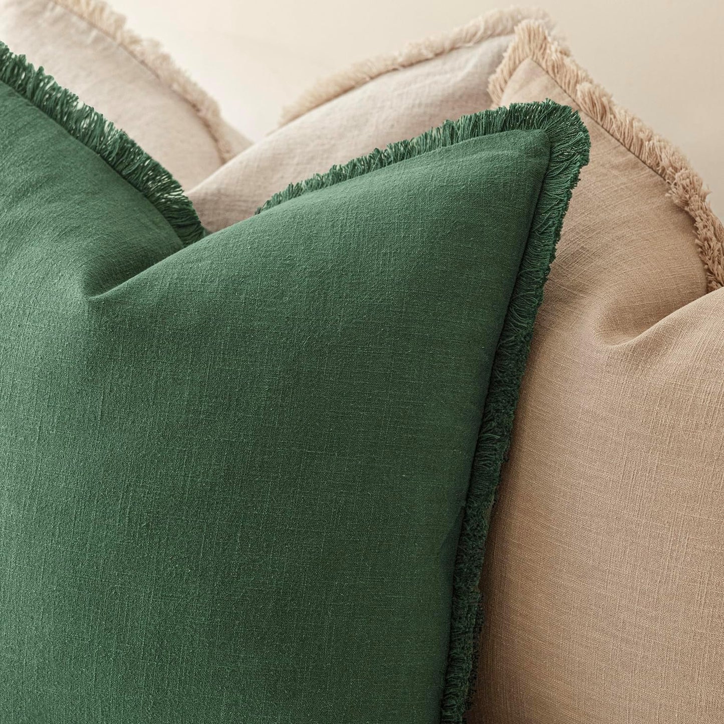Decorative Linen Fringe Throw Pillow Covers Boho Farmhouse / 18 x 18 / Abundant Green / Set of 2