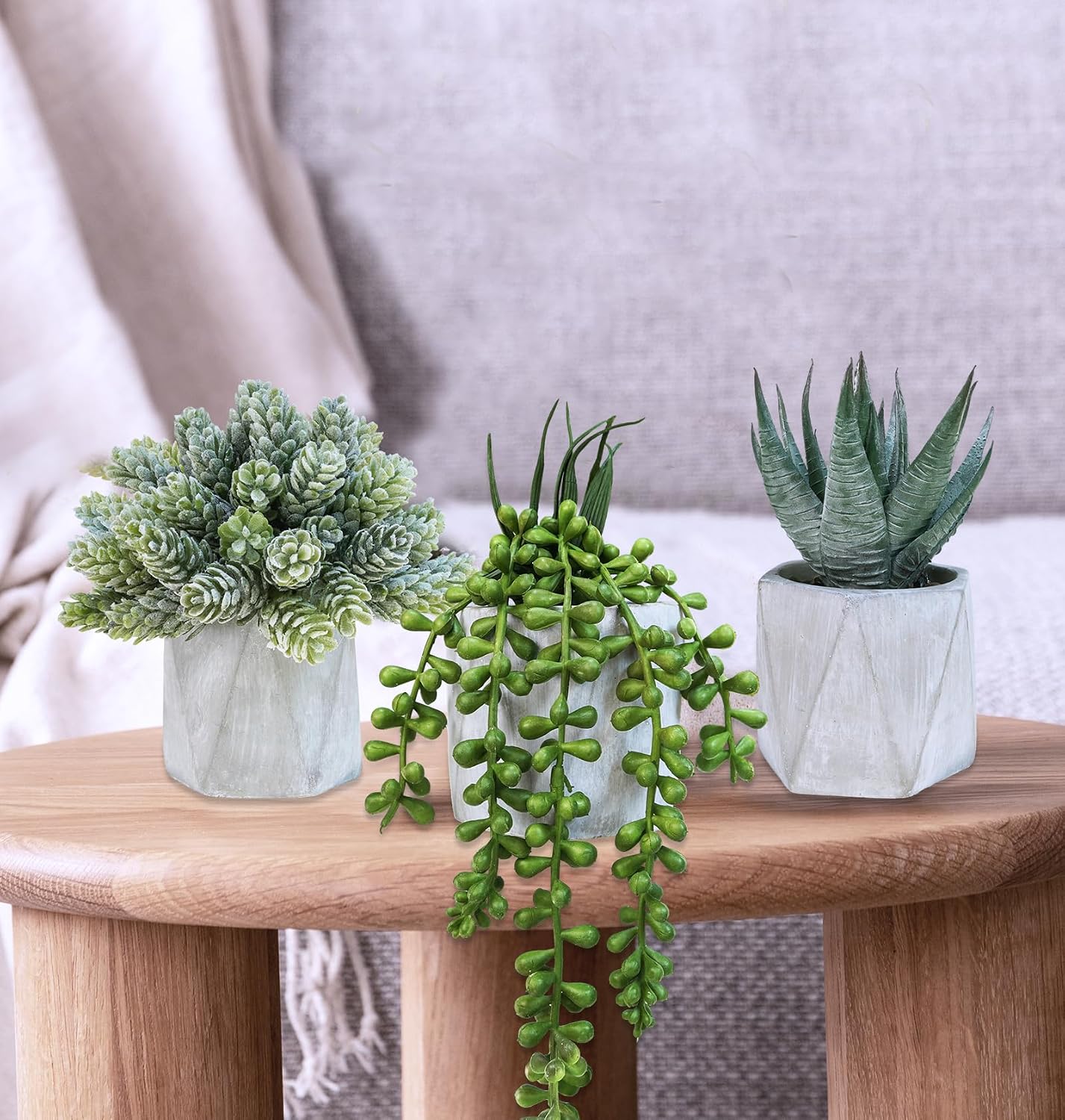 Mini Artificial Succulent Plants Potted Small Fake Aloe Hops String of Pearls / Gray / Set of 3