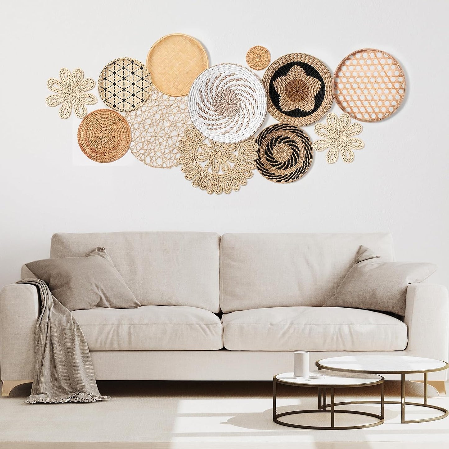 Wall Basket Decor Boho Wicker Handmade Farmhouse Rustic Wall Decoration Woven Hanging / Set of 15