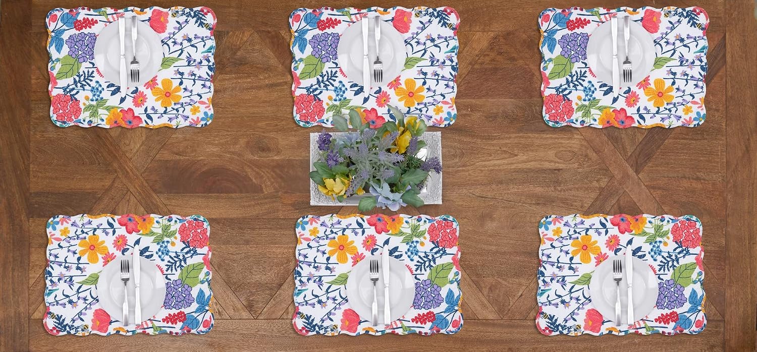 Anaya Bright Flowers 100% Cotton Set of 6 Placemats 13" x 19" | Floral Decor, Set of 6, Gift Idea