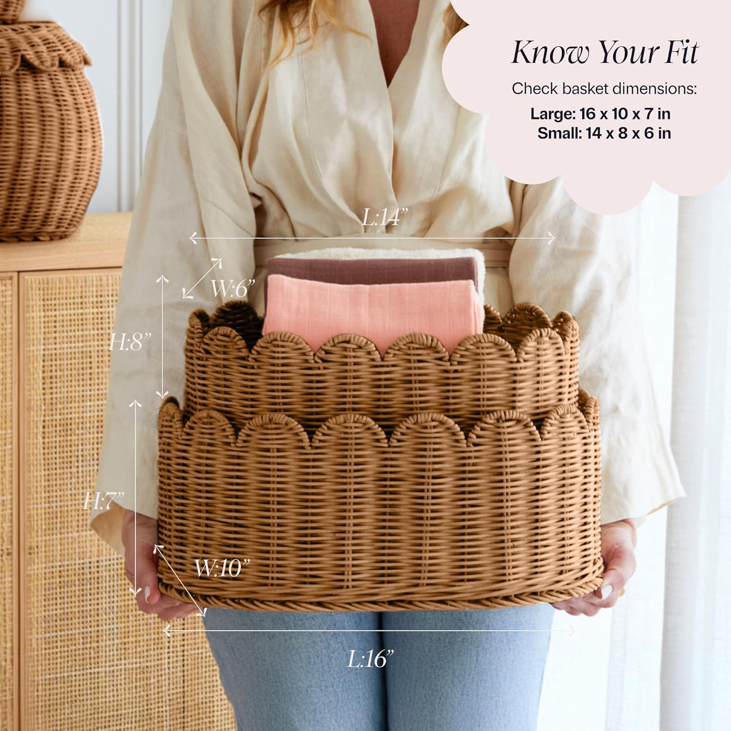 Scalloped Basket / Scallop Basket / Mocca / 16 x 10 x 7 / Set of 2