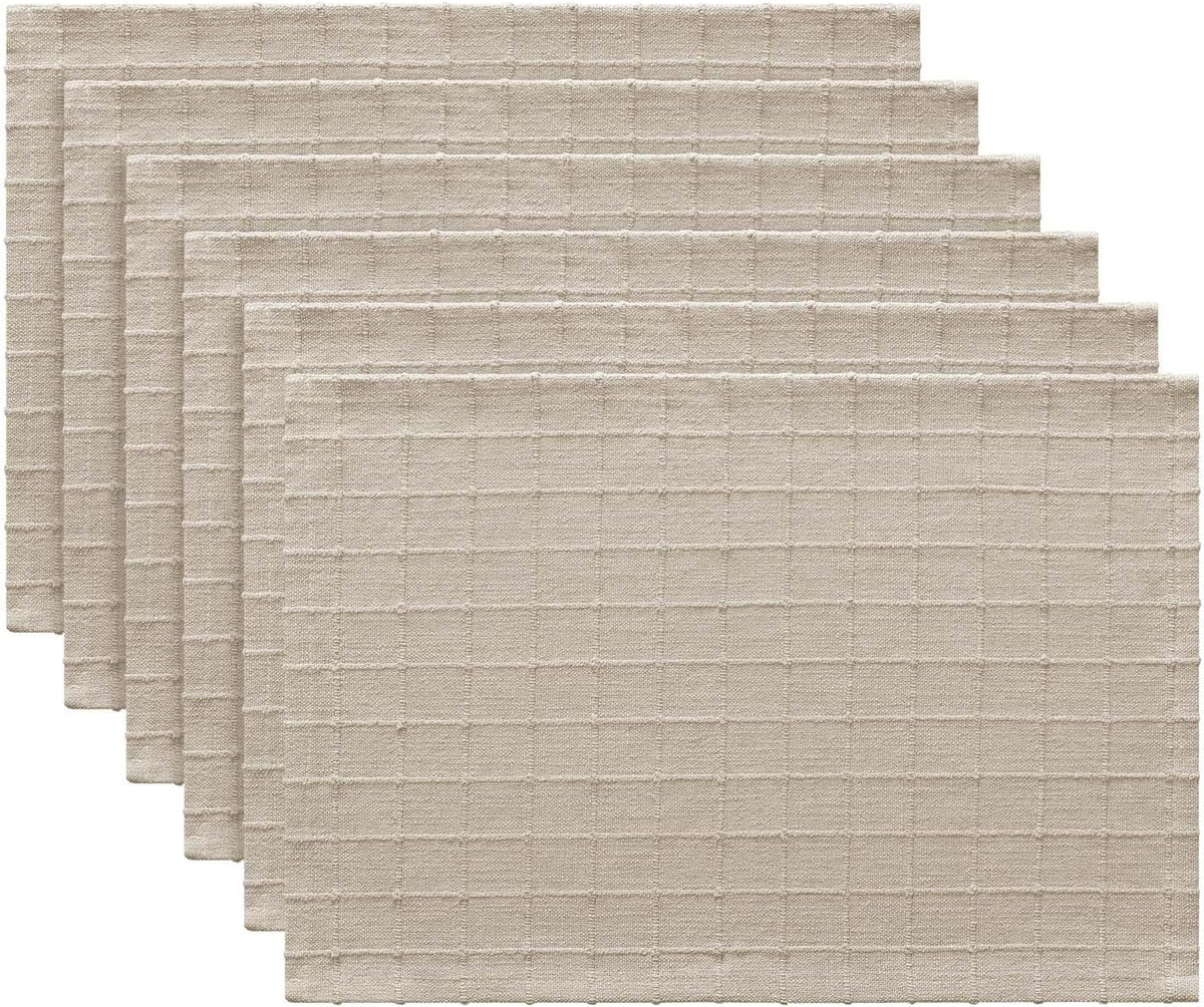 Artisanal Grid Decorative Linen Placemats Set of 6, Neutral Beige | Thick Heavy Textured Washed Linen Place Mats
