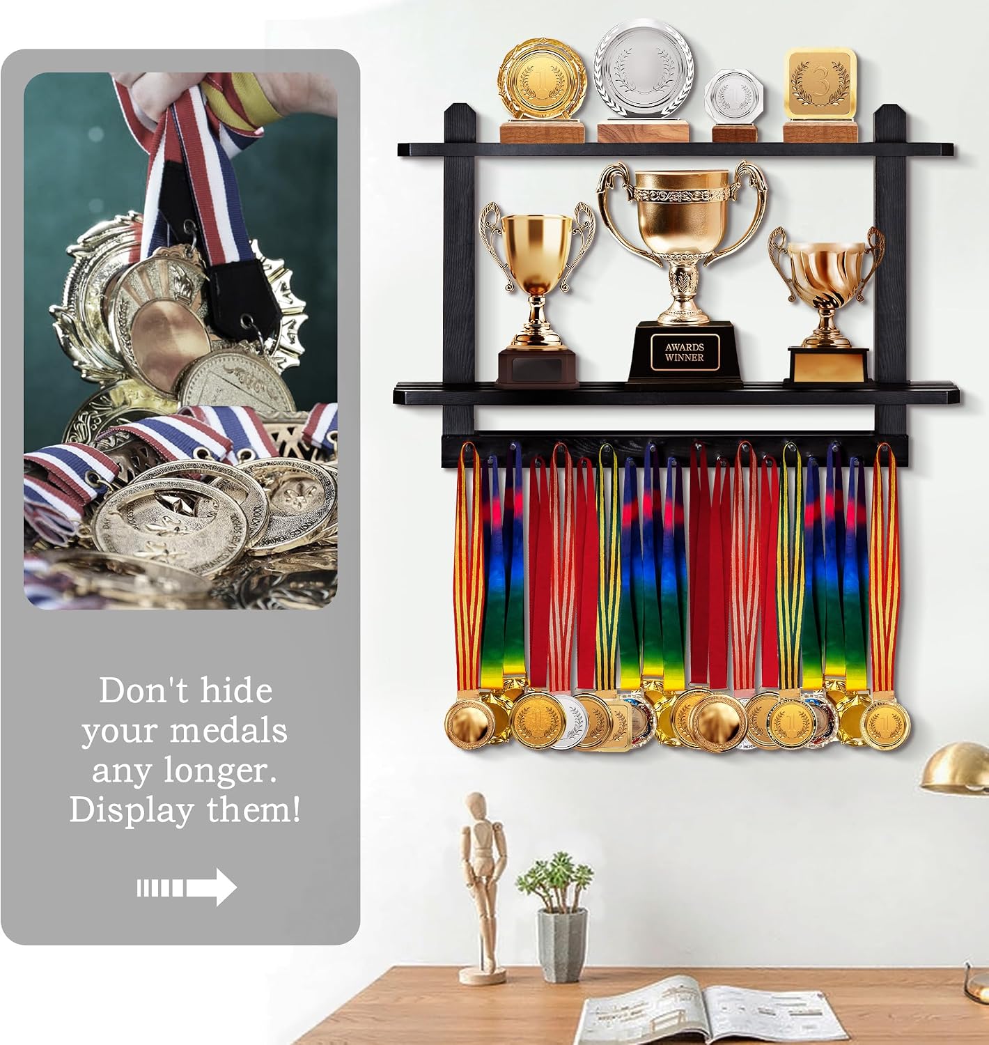 LAVIEVERT Wooden Medal Hanger & Trophy Shelf, Wall-Mounted Race Display with 2 Tier Storage Shelf and 19 Hanging Bars
