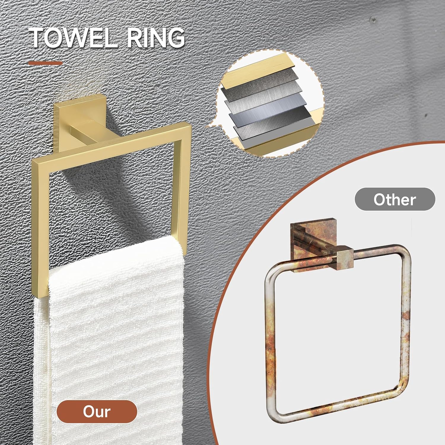 TQKAG Brushed Gold Bathroom Hardware Accessories Set 10 Pieces, 23.6" SUS304 Stainless Steel Towel Bar Set Wall Mounted