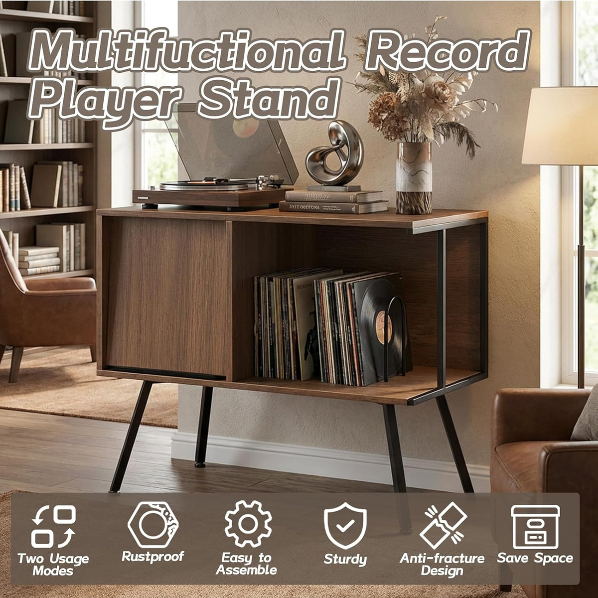 Faesun Record Player Stand with Flip-Down Record Shelf, Walnut | Vinyl Record Storage Holds up to 150+ Albums