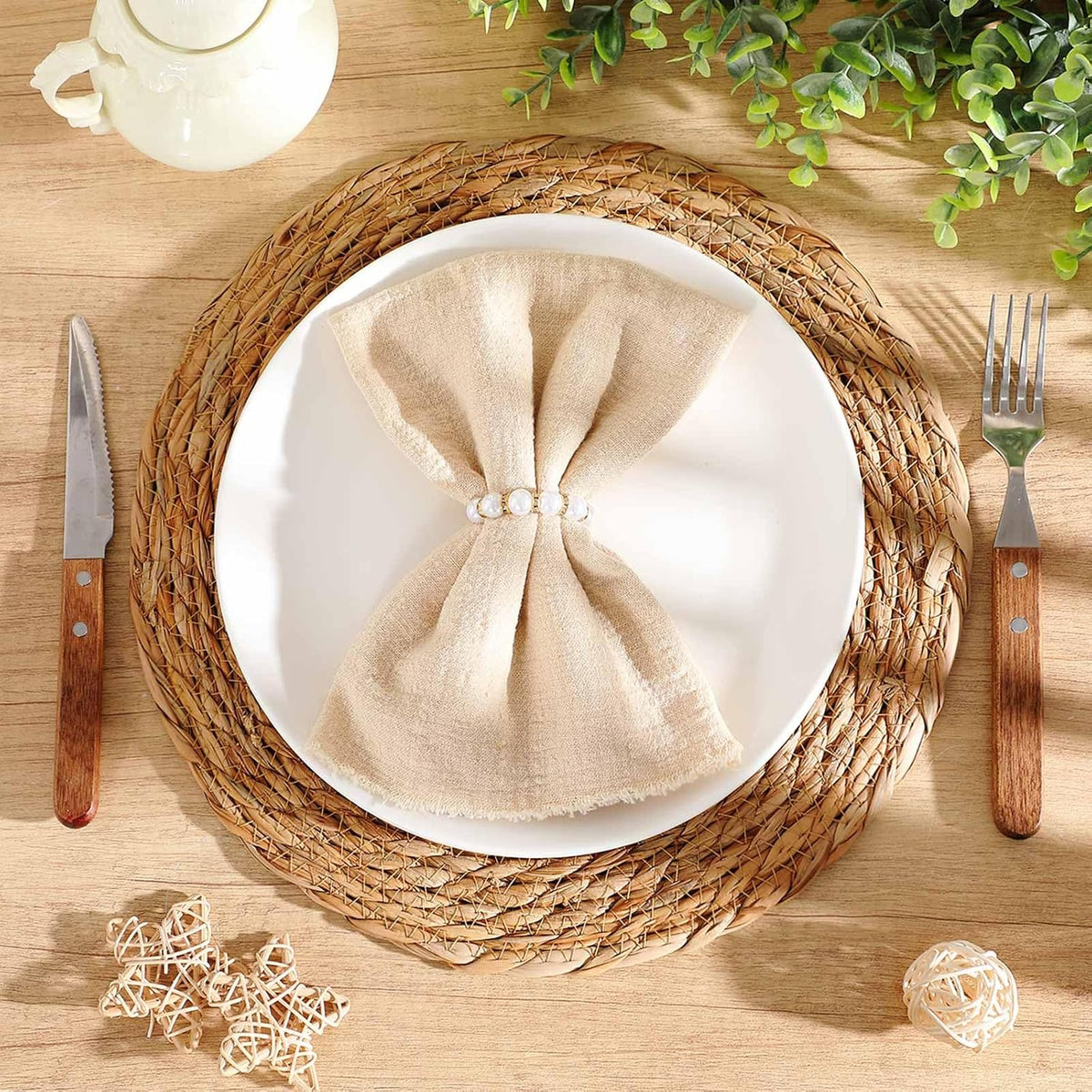 30 Pcs Cattail Round Woven Placemats Set, Cattail Placemats with Pearl Napkin Rings Boho Farmhouse Rustic Woven