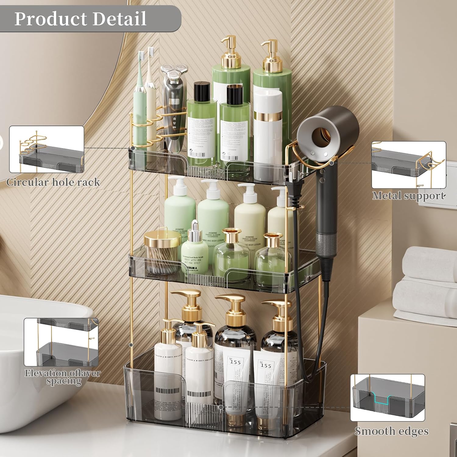 Akinbas 3 Tier Bathroom Organizer Countertop Makeup Perfume Tray Skincare Organizer Comes with Hair Dryer Rack and