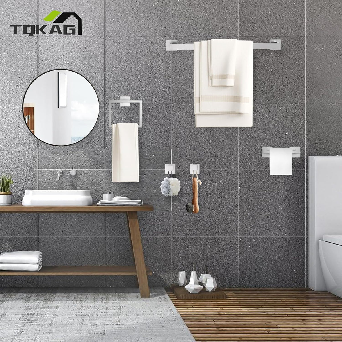 TQKAG Brushed Nickel Bathroom Accessories 5 Pieces Towel Racks for Bathroom | 23.82 Inch Bathroom Hardware Set Include