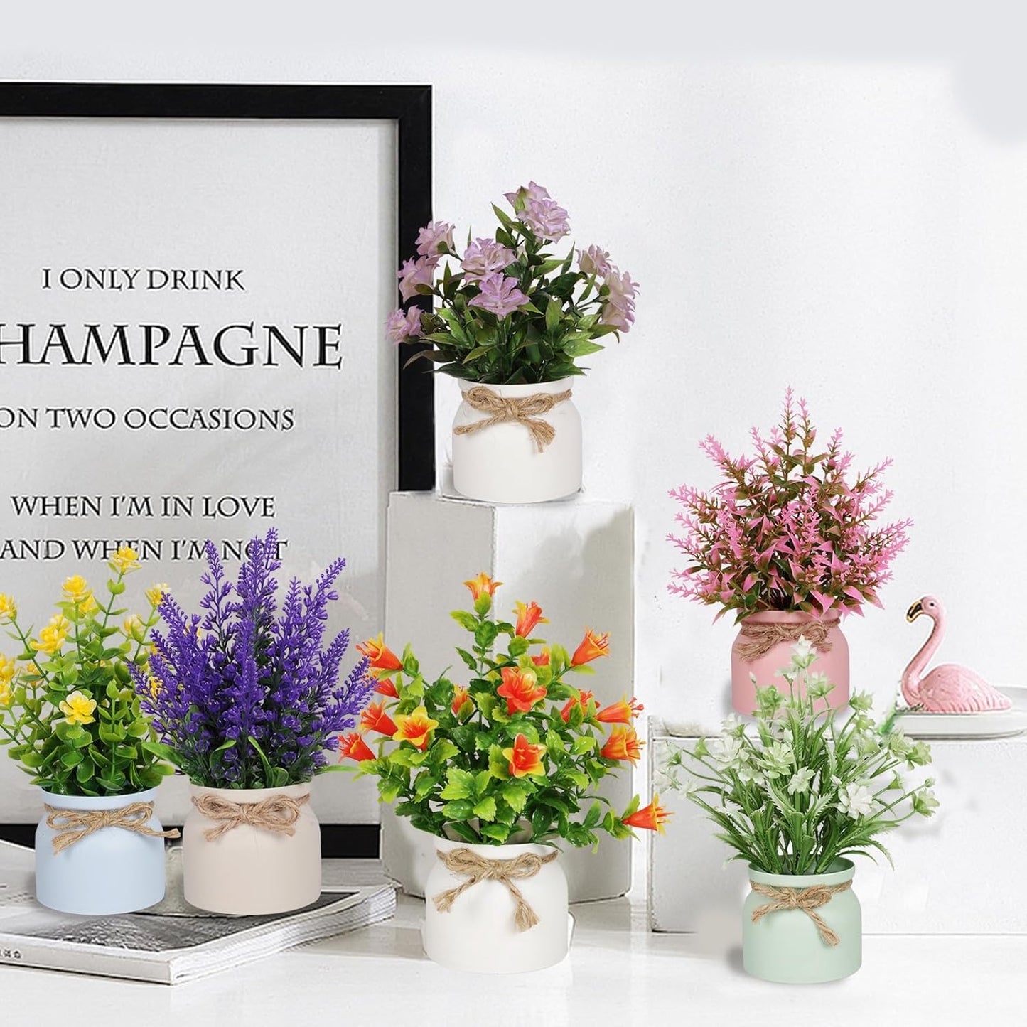 Artificial Pot Flowers Small Fake Plants Mini Potted Plants / Set of 6